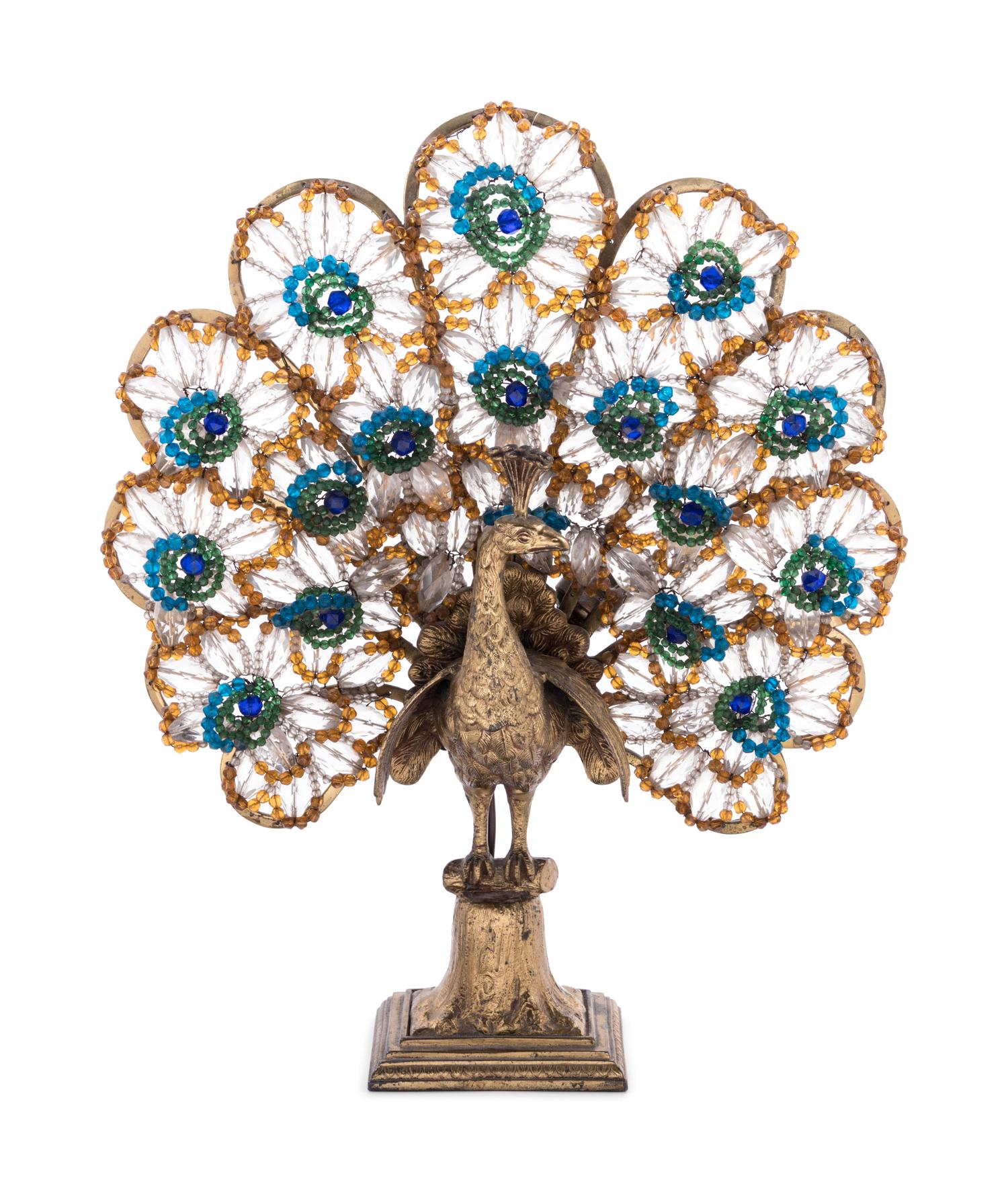 A Neoclassical Cut and Colored Glass Mounted Gilt Metal Peacock Table Lamp