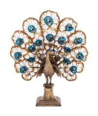 A Neoclassical Cut and Colored Glass Mounted Gilt Metal Peacock Table Lamp