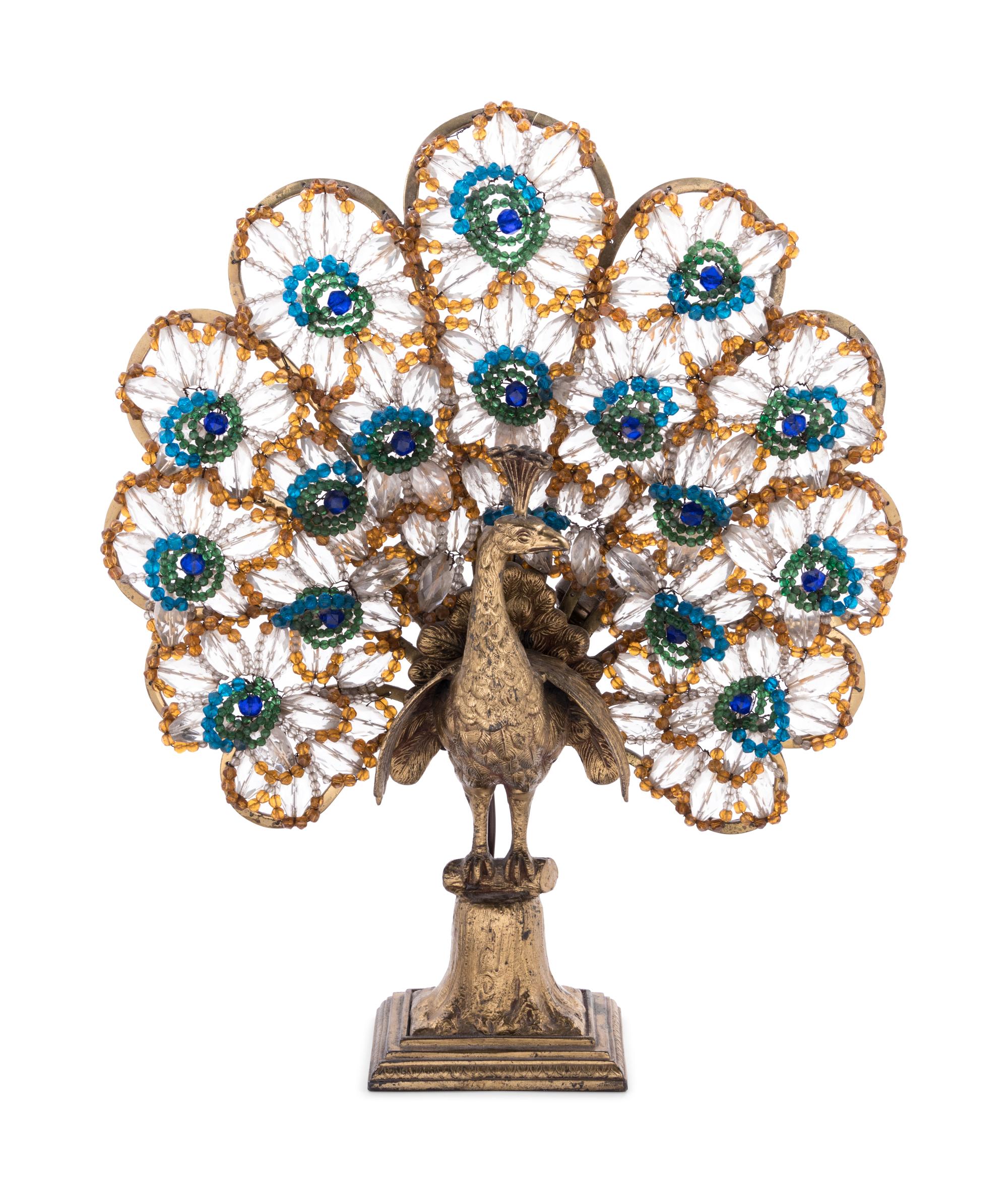 A Neoclassical Cut and Colored Glass Mounted Gilt Metal Peacock Table Lamp