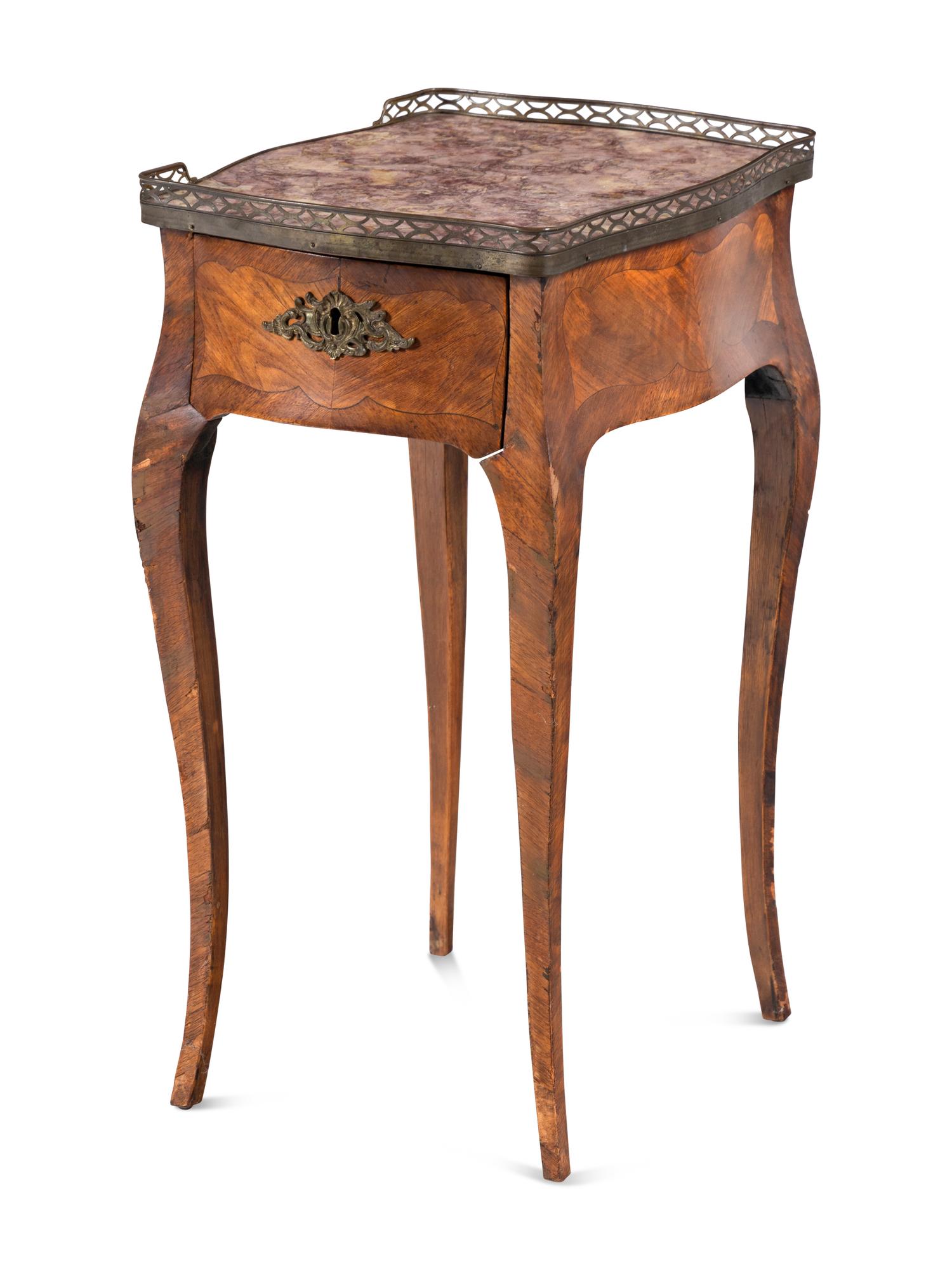 A Louis XV Kingwood and Tulipwood Parquetry Marble Inset Side Table