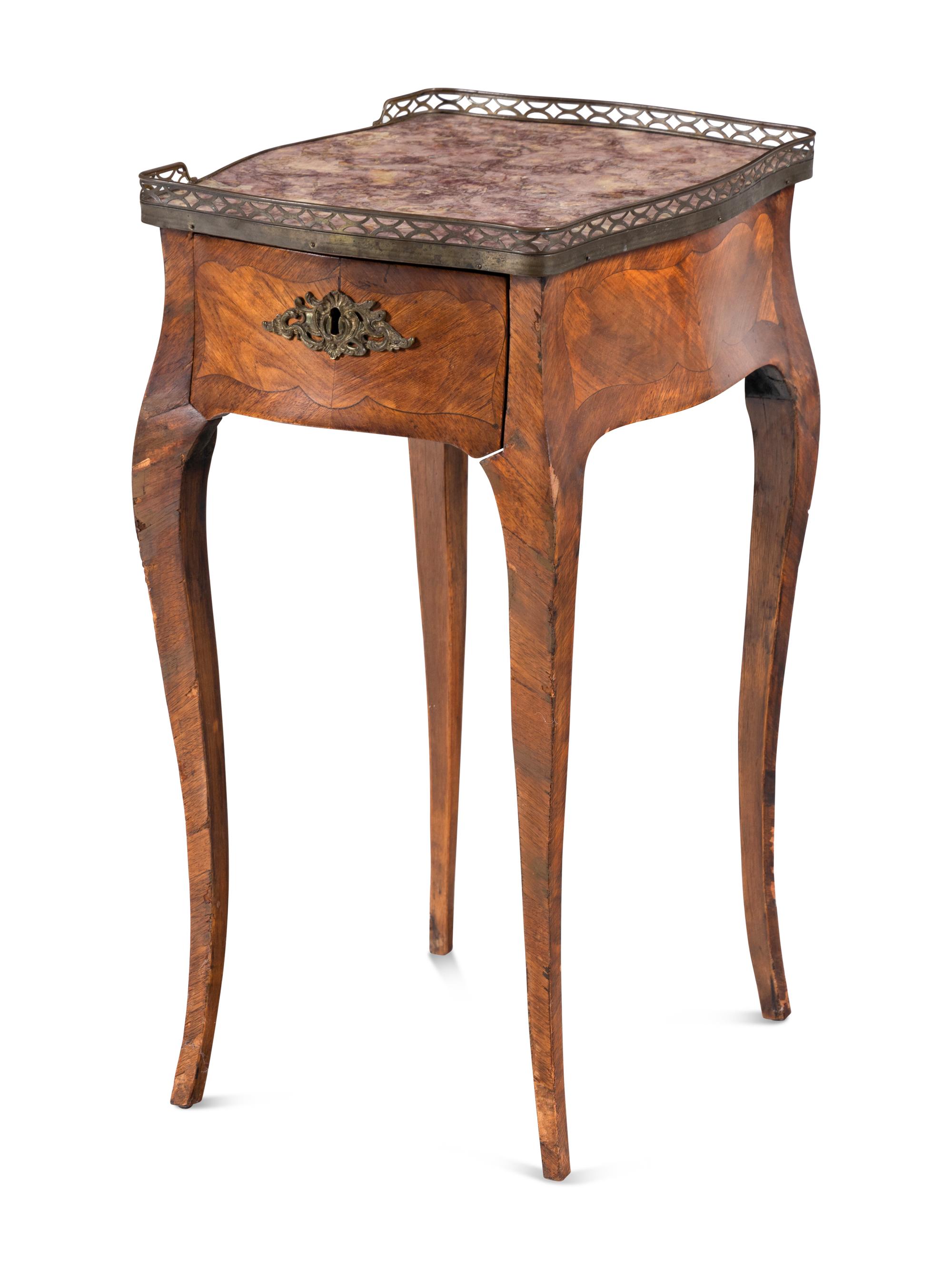 A Louis XV Kingwood and Tulipwood Parquetry Marble Inset Side Table