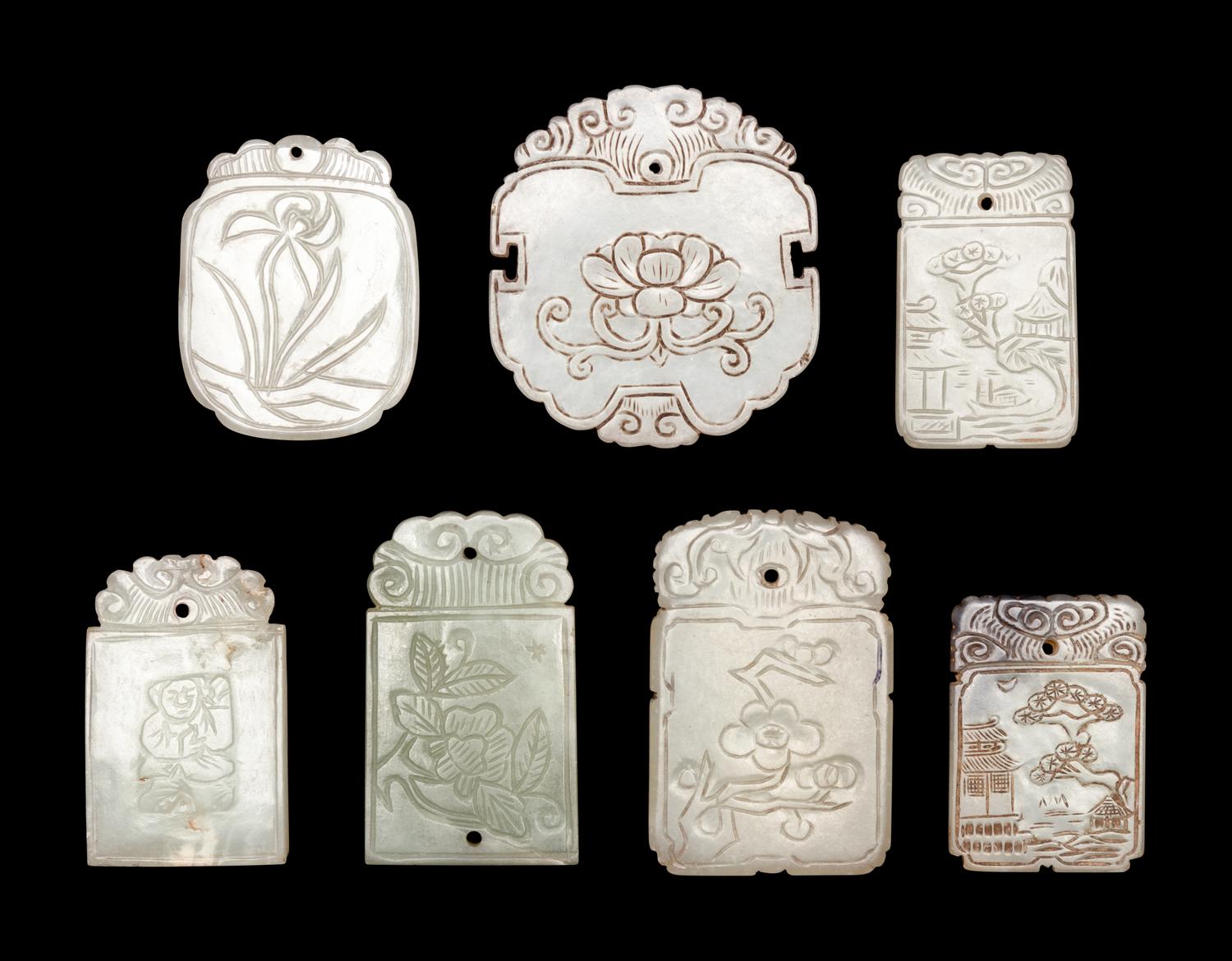 Seven Chinese Celadon Jade Carved Plaques