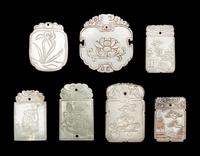 Seven Chinese Celadon Jade Carved Plaques