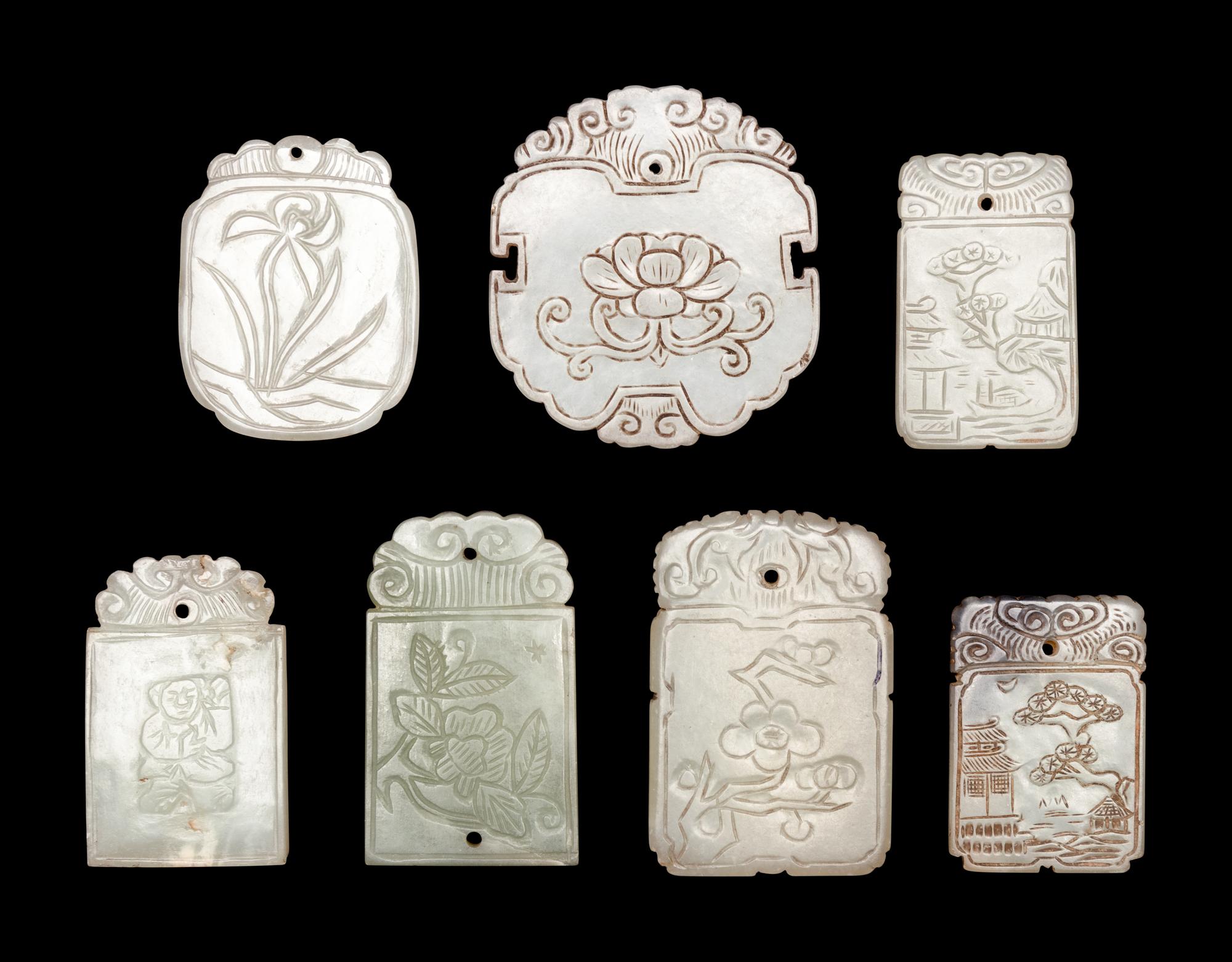 Seven Chinese Celadon Jade Carved Plaques