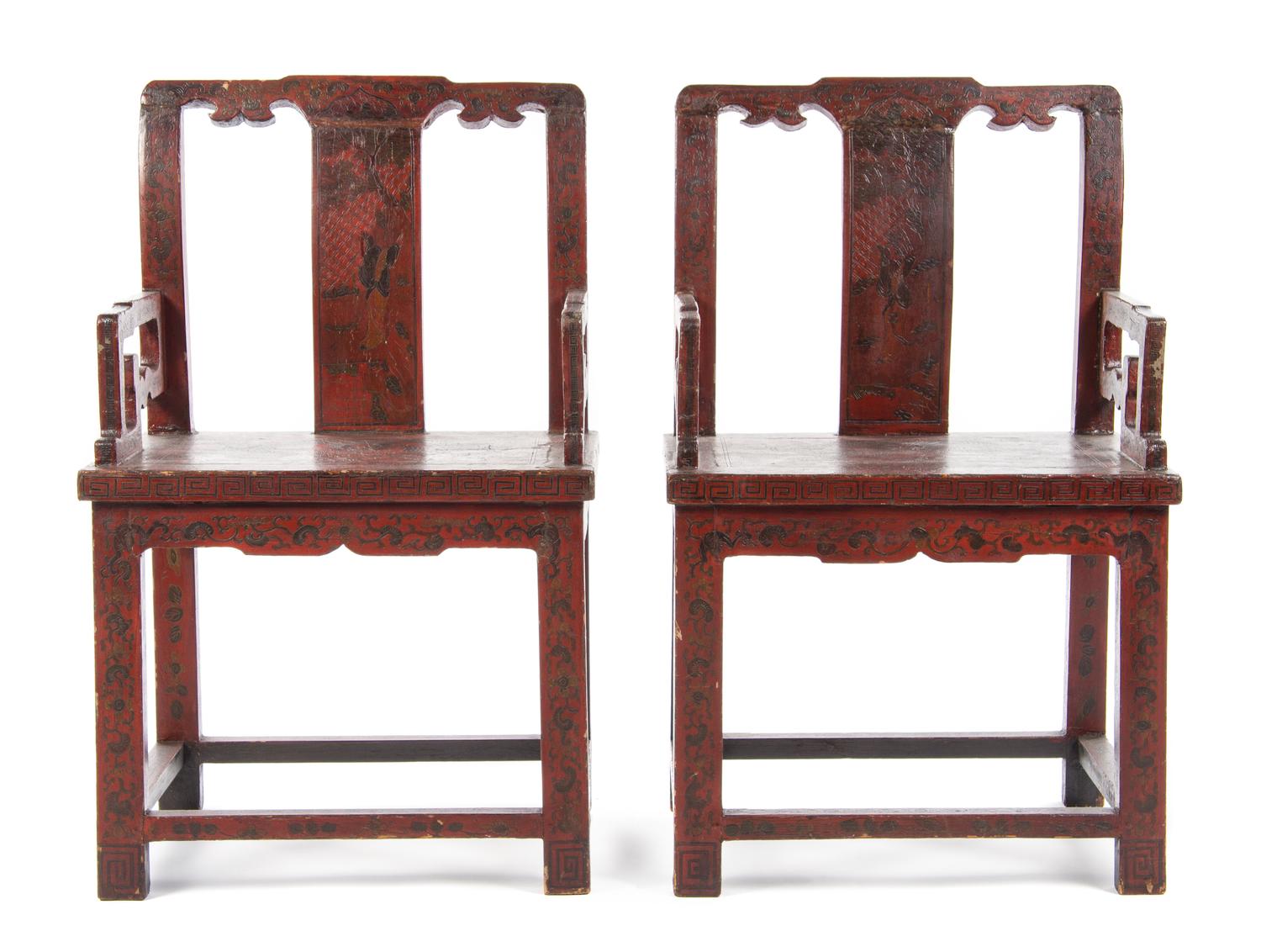 A Pair of Chinese Tianqi Lacquer Armchairs 19TH CENTURY OR EARLIER Height 36 inches. — 19TH CENTURY OR EARLIER
