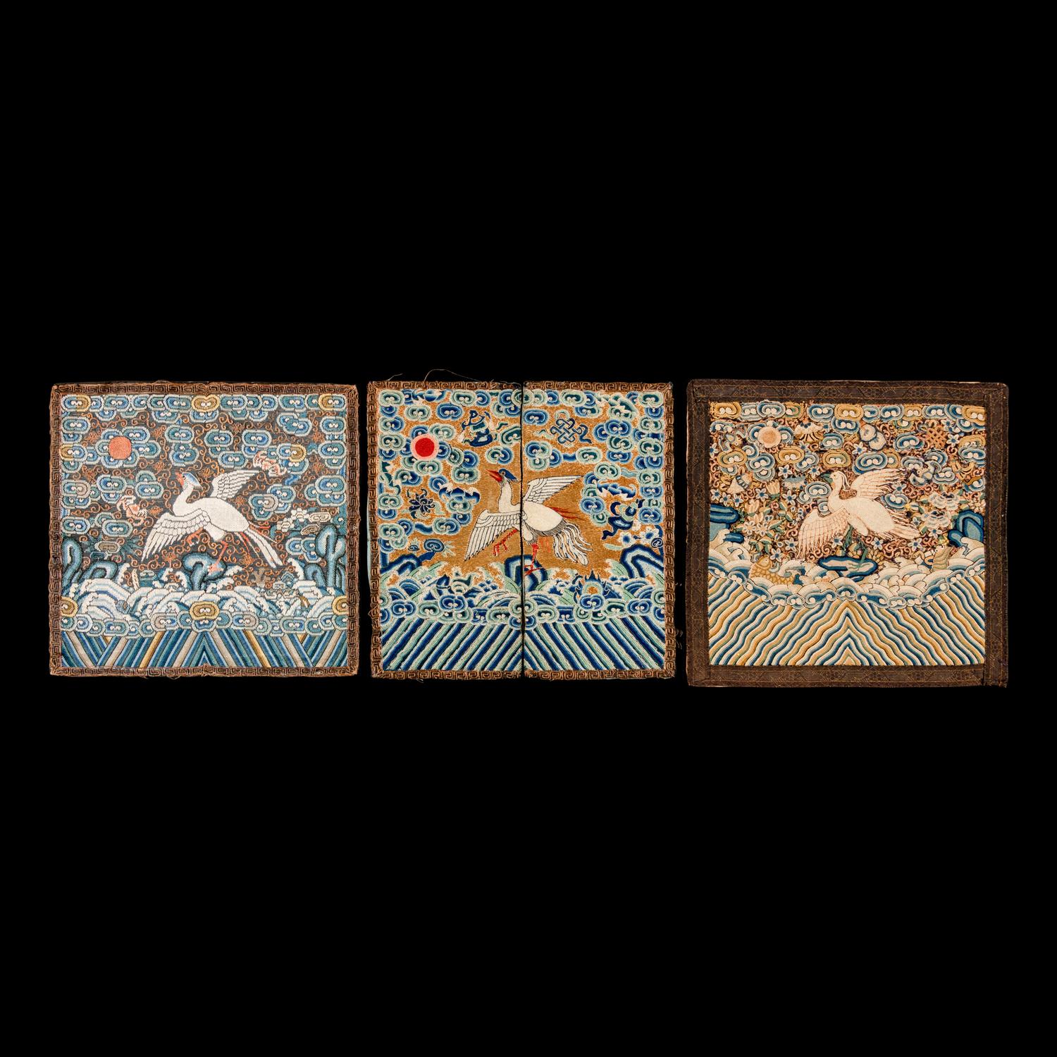 Three Chinese Silk Civil Official's Rank Badges, Buzi, 19th Century 清中晚期 刺綉文官補子三幅