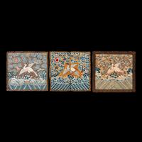 Three Chinese Silk Civil Official's Rank Badges, Buzi, 19th Century 清中晚期 刺綉文官補子三幅