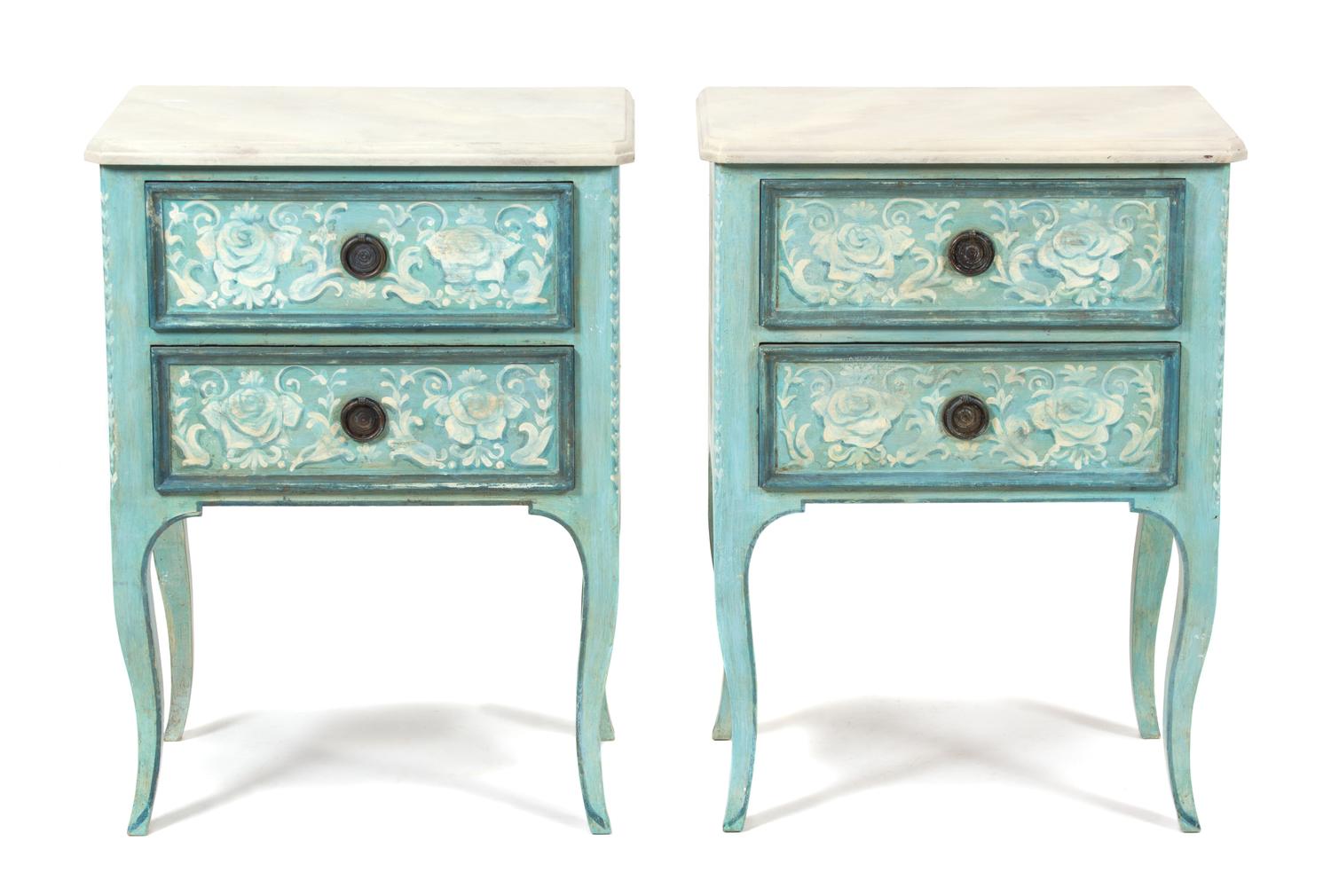 A Pair of Italian Painted Bedside Cabinets Height 31 1/2 x width 23 3/4 x depth 15 1/4 inches. — 20TH CENTURY