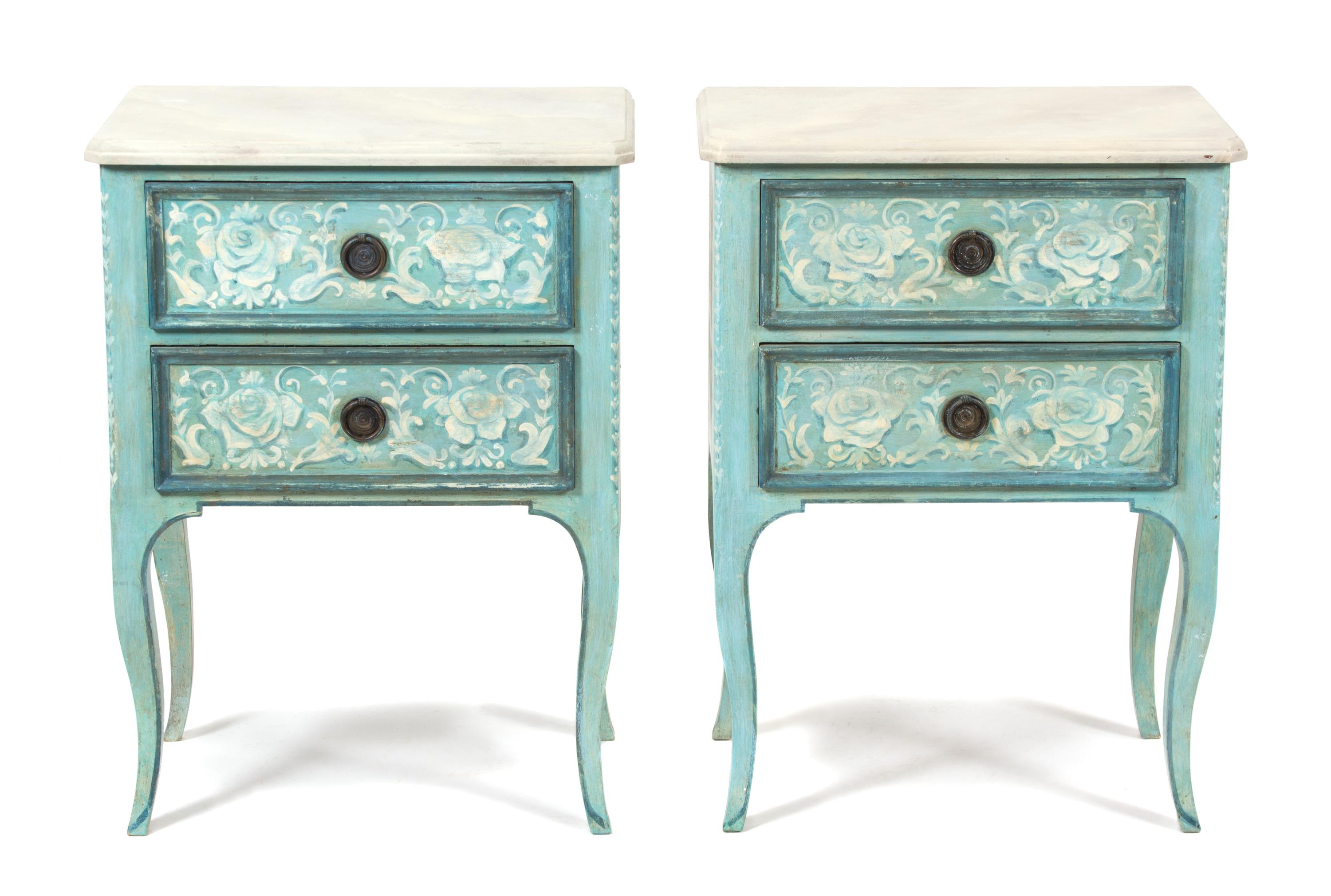 A Pair of Italian Painted Bedside Cabinets Height 31 1/2 x width 23 3/4 x depth 15 1/4 inches. — 20TH CENTURY