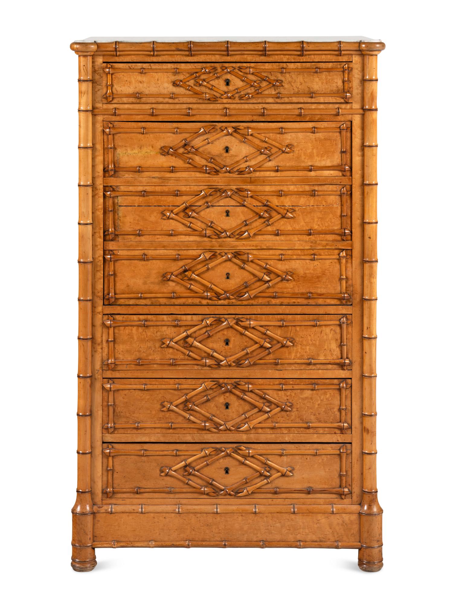 A Victorian Faux Bamboo-Carved Birdseye Maple Bureau Chest