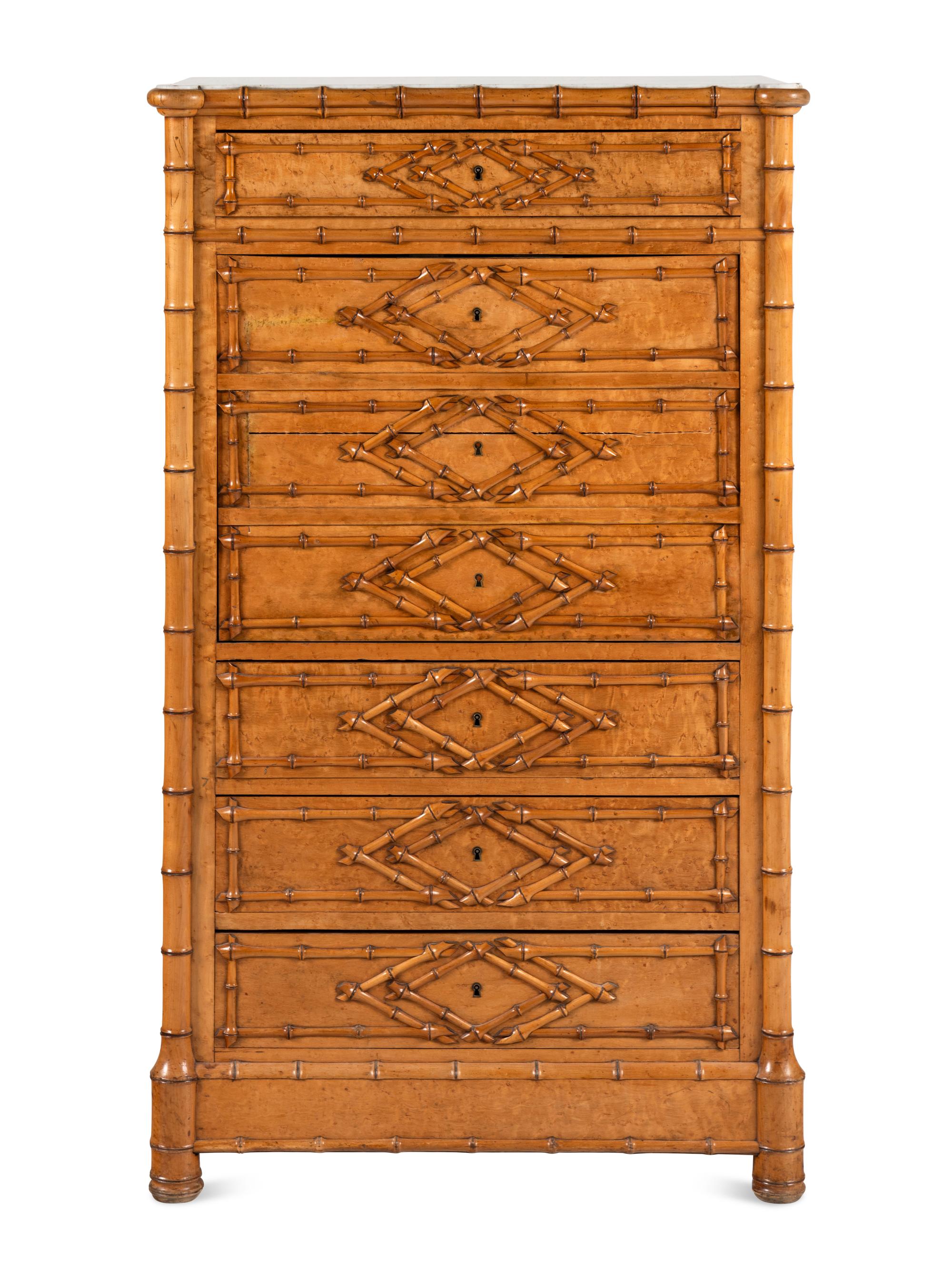 A Victorian Faux Bamboo-Carved Birdseye Maple Bureau Chest