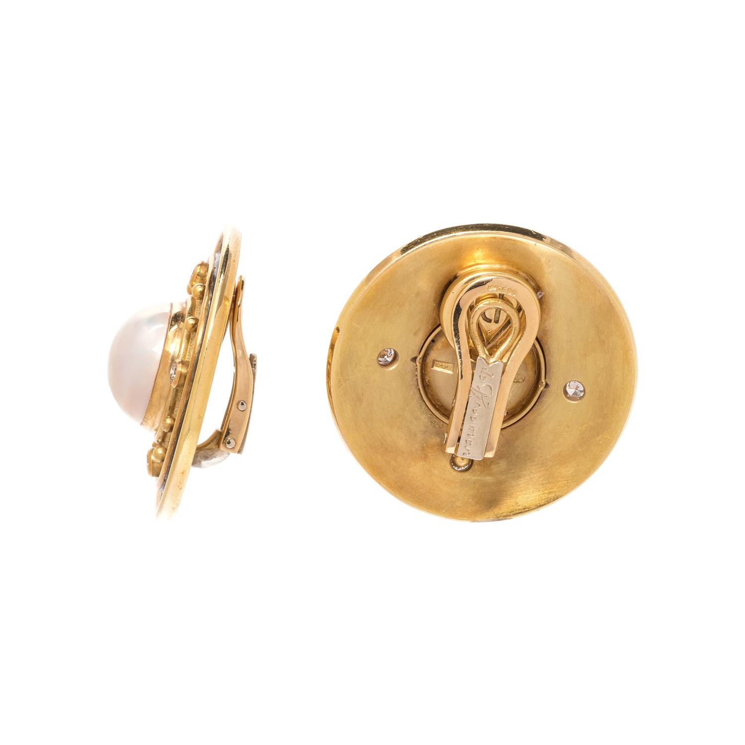 DE VROOMEN, YELLOW GOLD, CULTURED MABE PEARL AND DIAMOND EARCLIPS