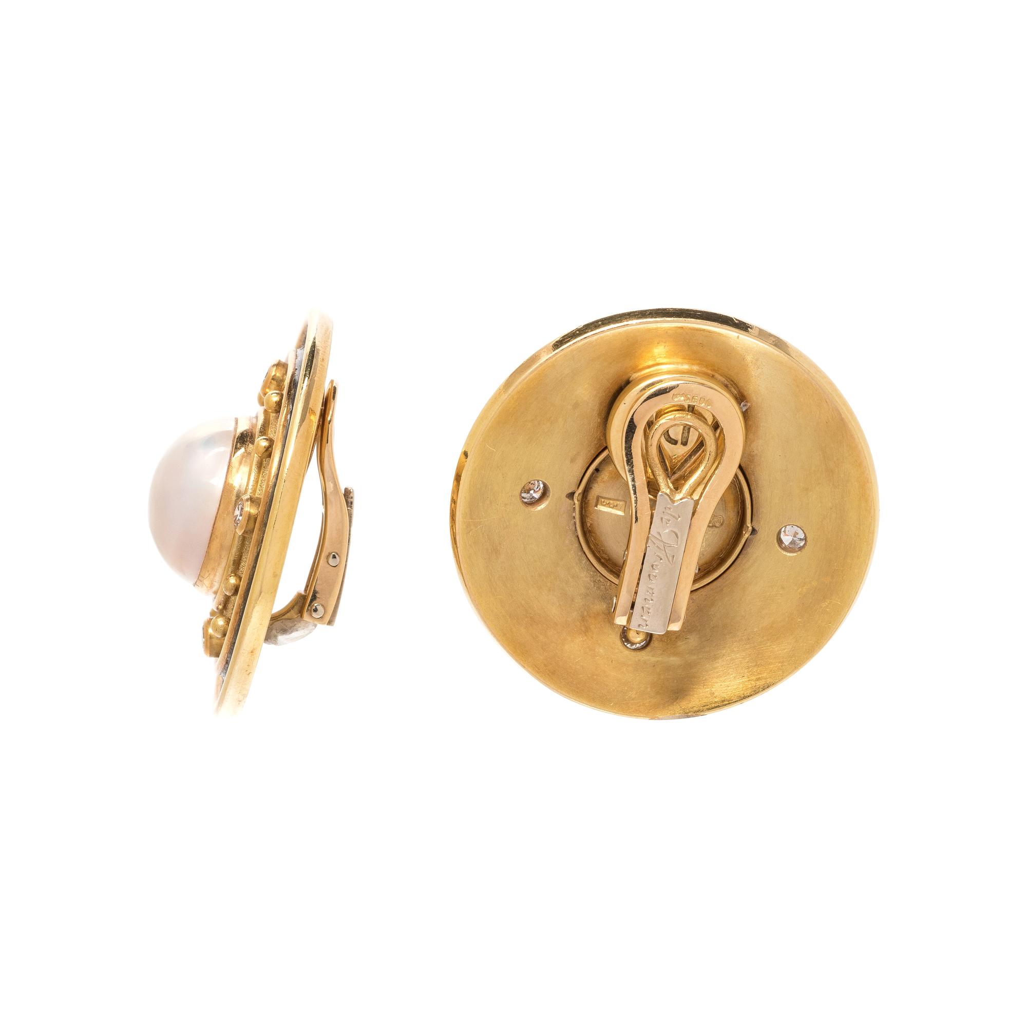 DE VROOMEN, YELLOW GOLD, CULTURED MABE PEARL AND DIAMOND EARCLIPS