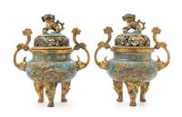 A Pair of Cloisonne Enamel Tripod Censers Height 8 3/4 inches.