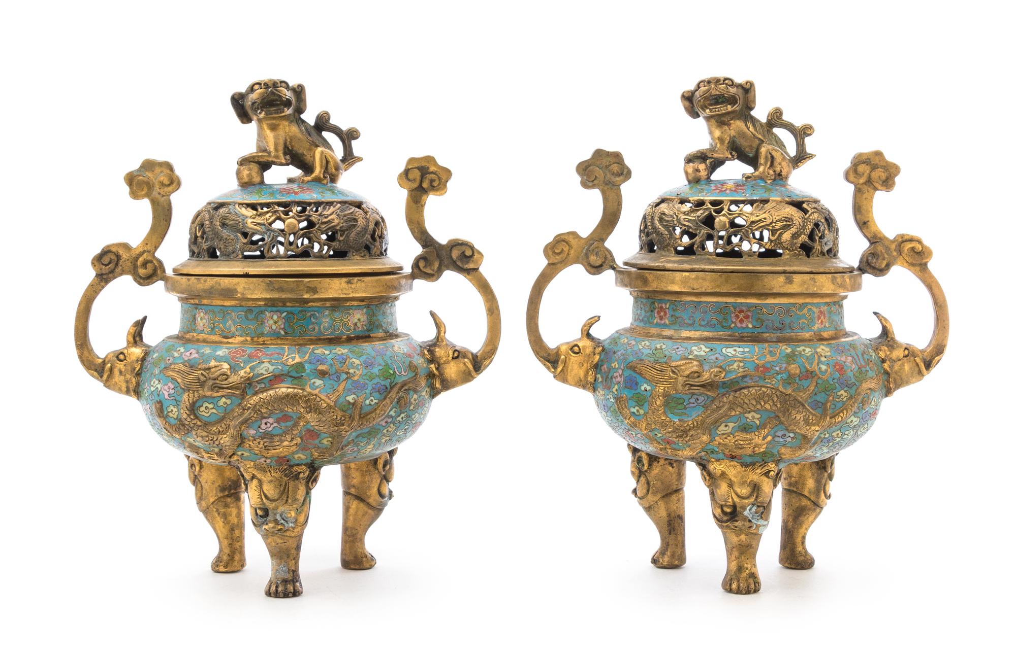 A Pair of Cloisonne Enamel Tripod Censers Height 8 3/4 inches.
