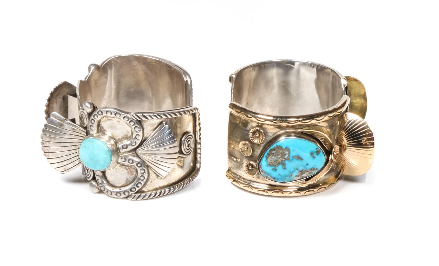 Two Southwestern Silver and Turquoise Watch Bands Length of first 5 7/8 x opening 1 1/2 x width 1 3/8 inches