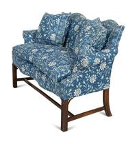 A George III Style Mahogany Settee Upholstered in Blue and White Linen