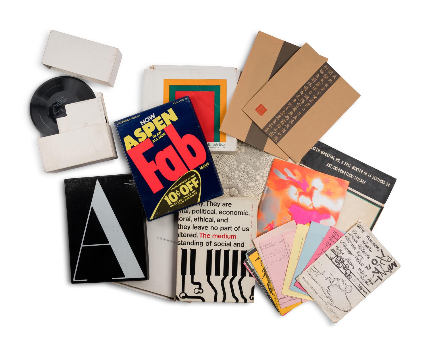 [ASPEN MAGAZINE]. JOHNSON, Phyllis, editor. Aspen the Magazine in a Box . COMPLETE RUN: Numbers 1, 2, 3, 4, 5&6, 6A, 7, 8, 9, and 10. New York: Roaring Ford Press & Aspen Communications Inc., 1965-1971.