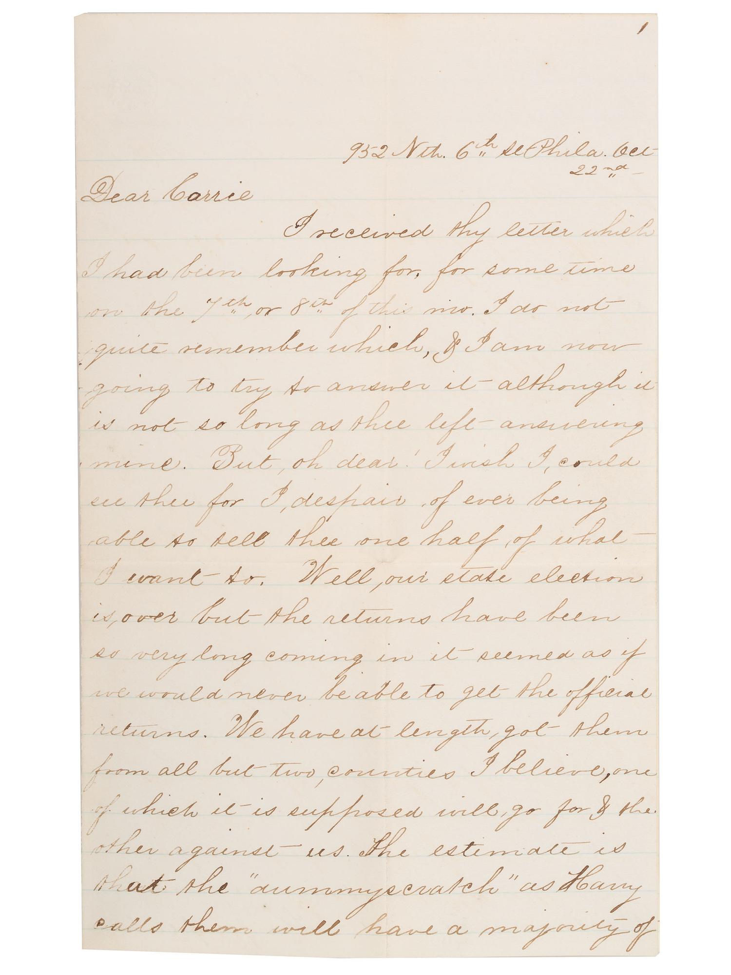 [CIVIL WAR]. War-date letters of Quaker artist and photographer Susan Walmsley (1843-1888) to her friend Carrie Wilson, with discussion of the war, politics, the Sanitary Fair, and more.