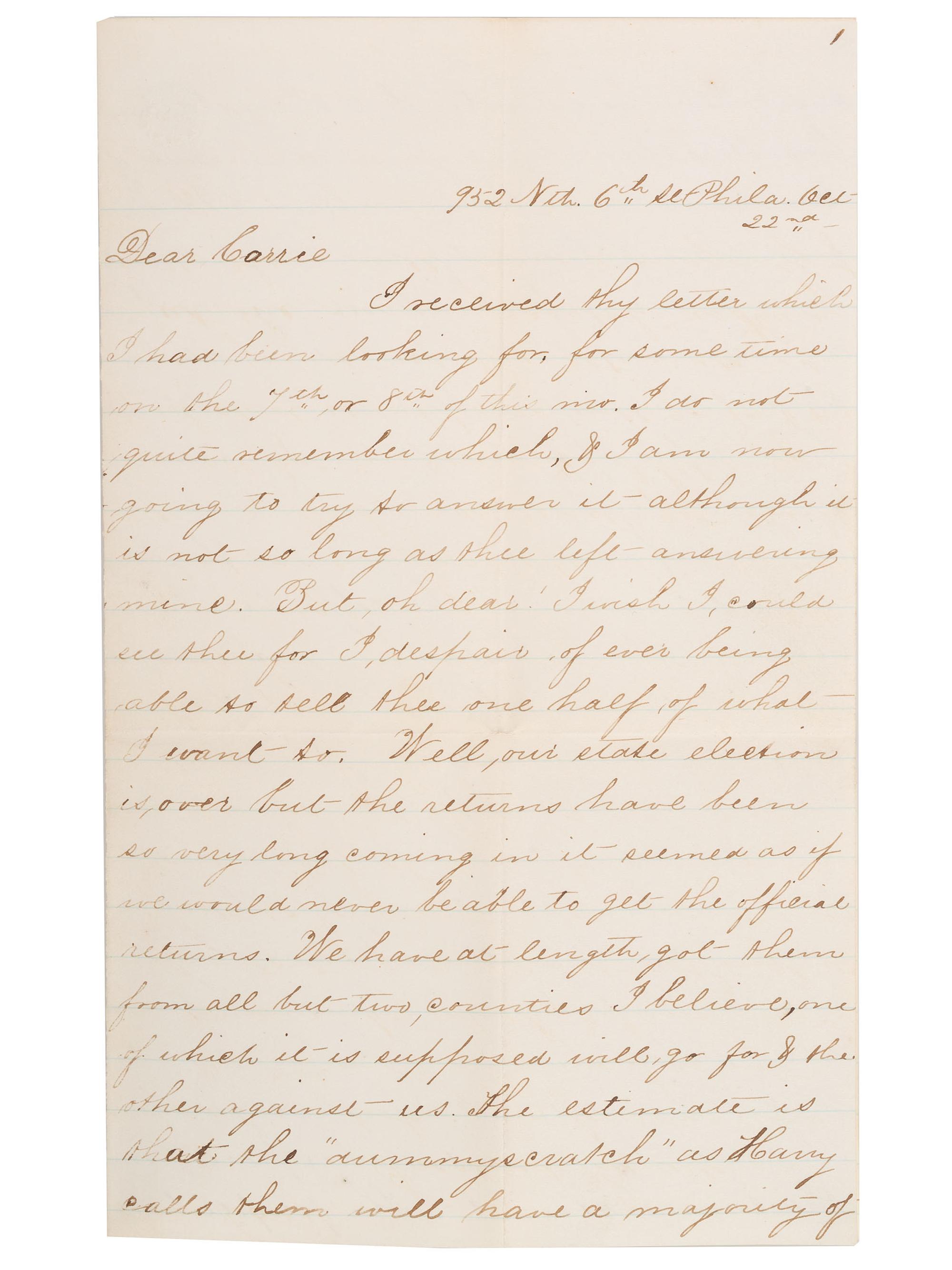 [CIVIL WAR]. War-date letters of Quaker artist and photographer Susan Walmsley (1843-1888) to her friend Carrie Wilson, with discussion of the war, politics, the Sanitary Fair, and more.