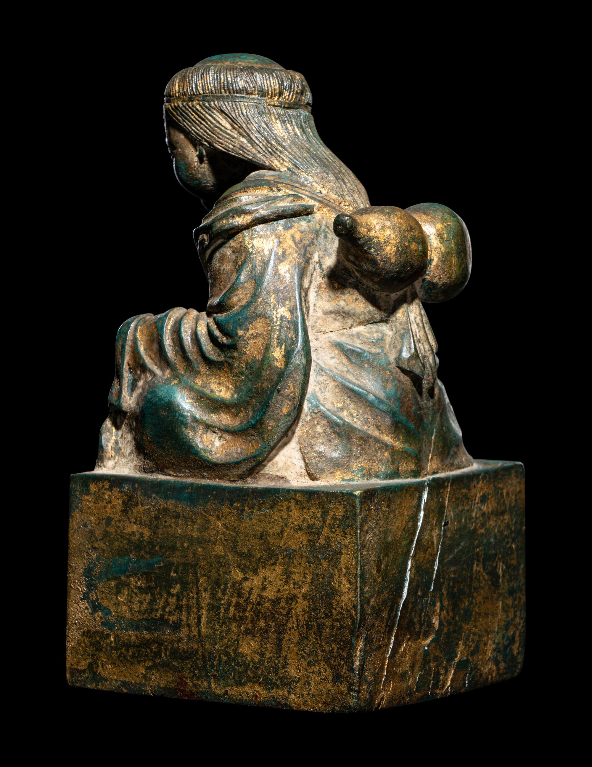 An Unusual Set of Two Parcel-Gilt Wood ' Liuhai and Toad' Seals