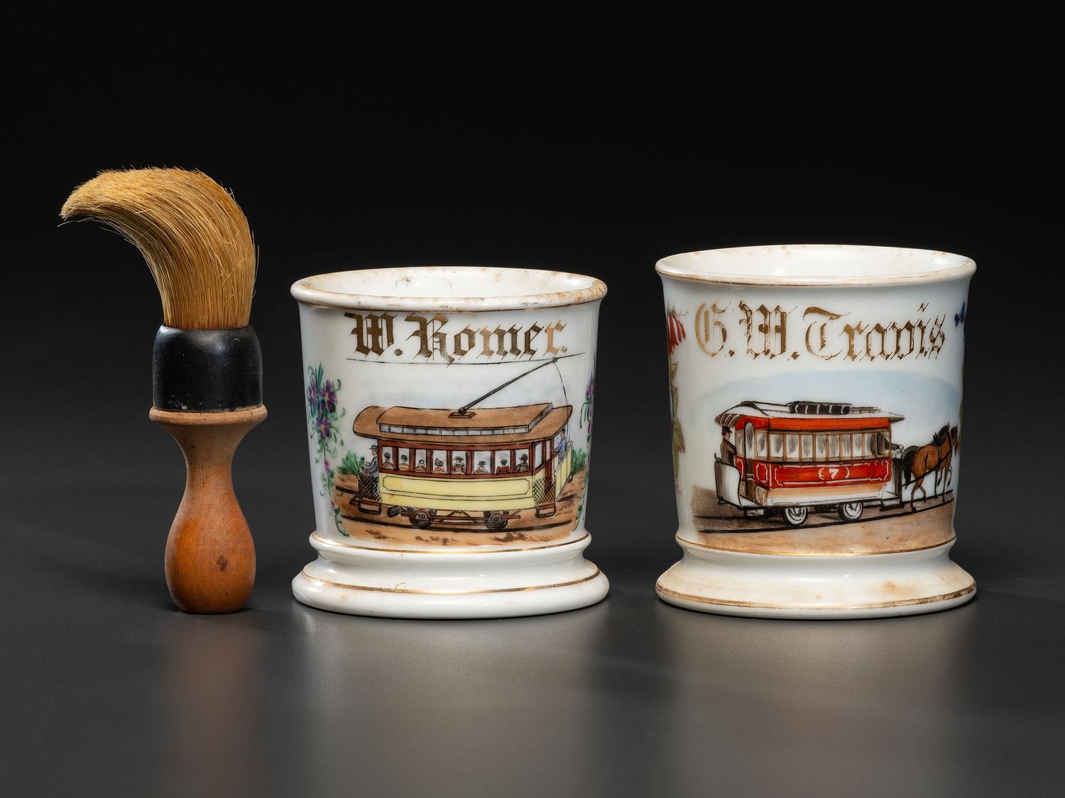 Two Trolley Operator's Porcelain Occupational Shaving Mugs