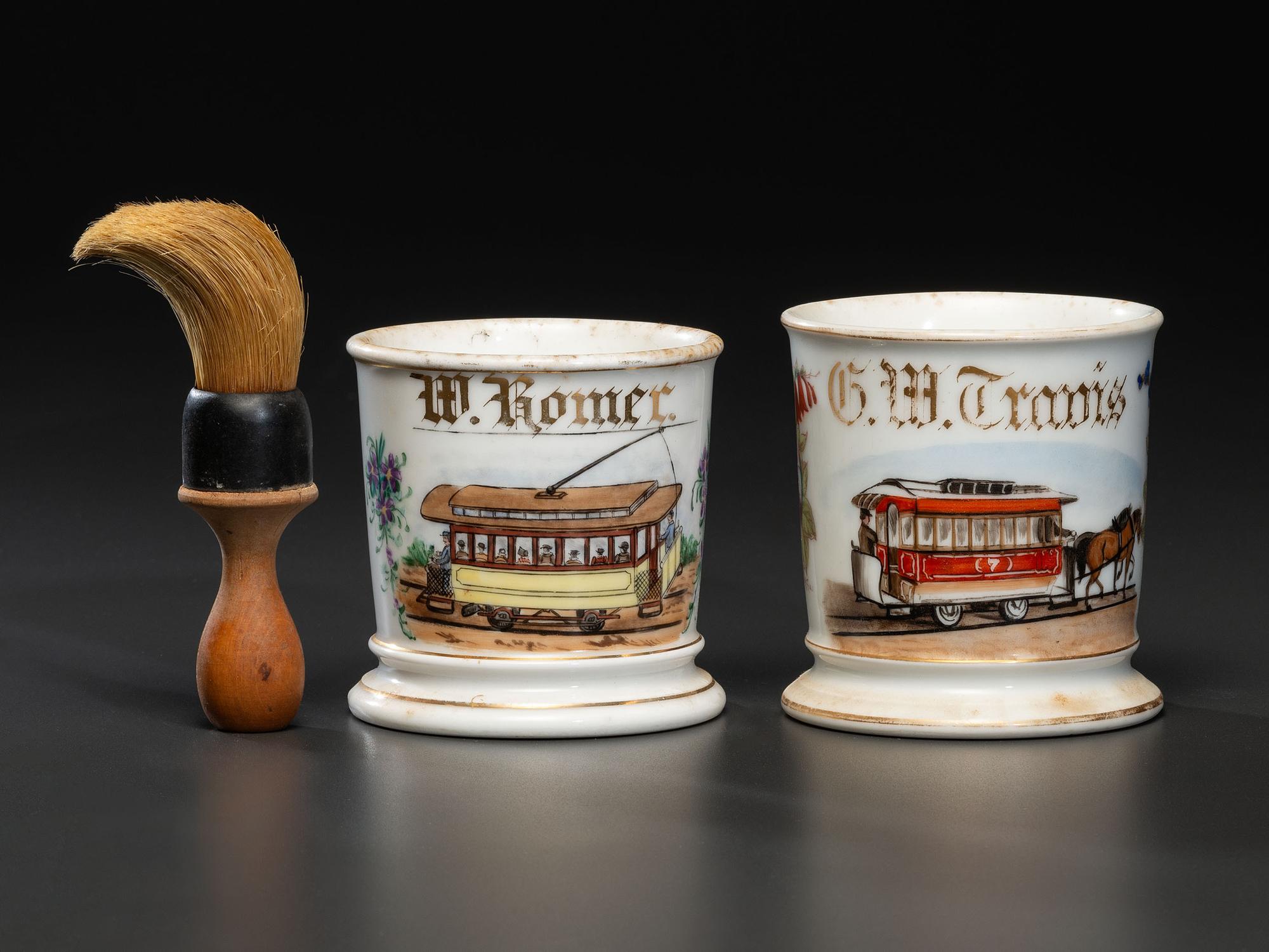 Two Trolley Operator's Porcelain Occupational Shaving Mugs