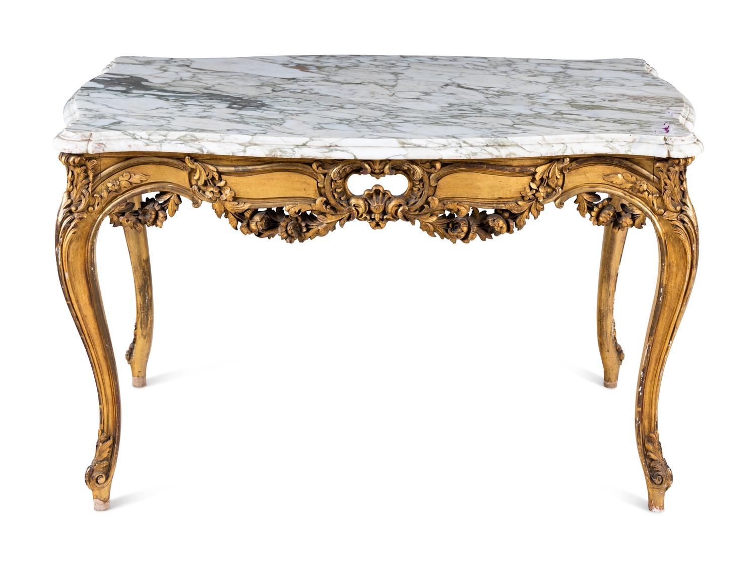 A Louis XV Style Giltwood Marble-Top Table