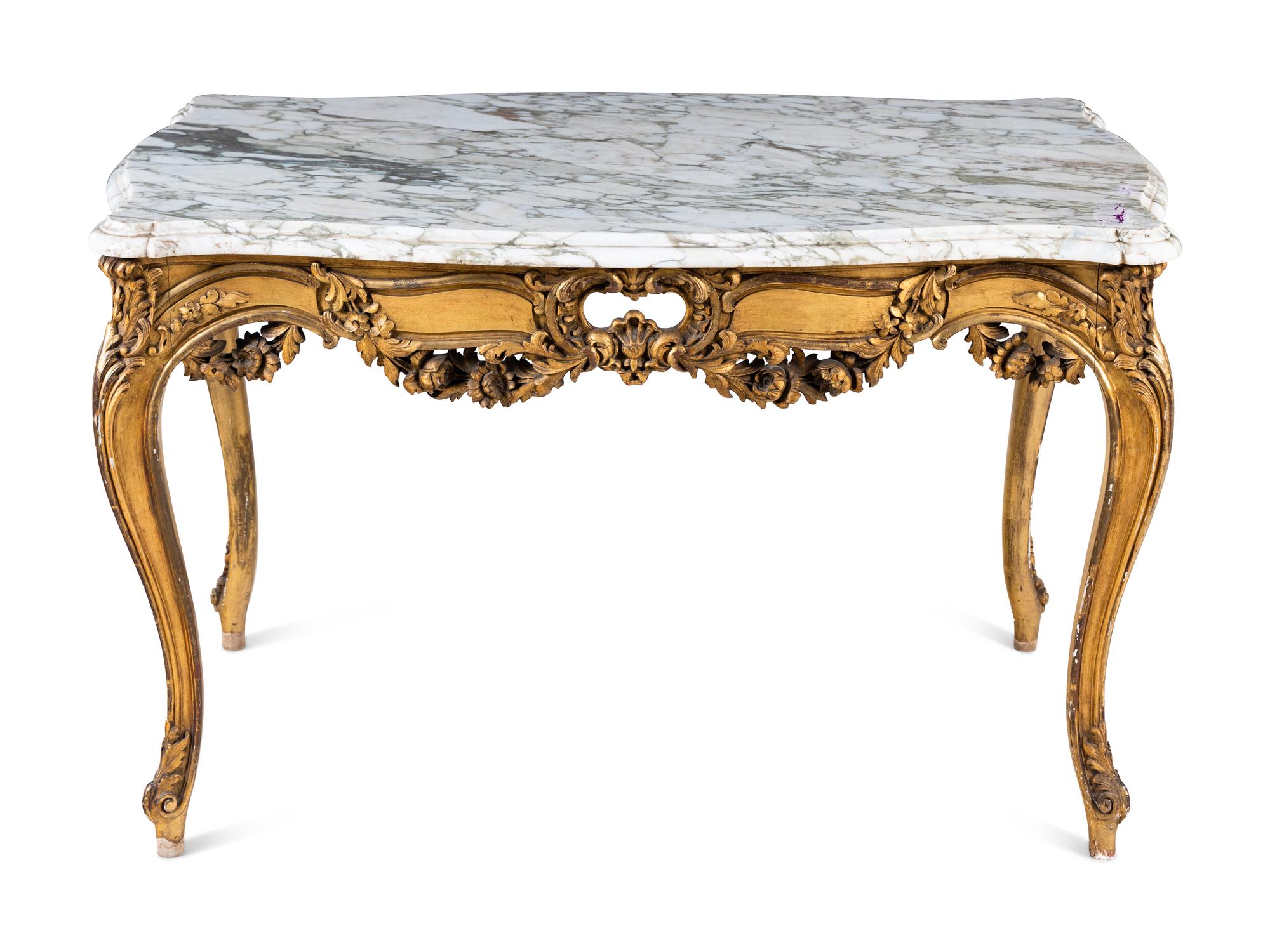 A Louis XV Style Giltwood Marble-Top Table