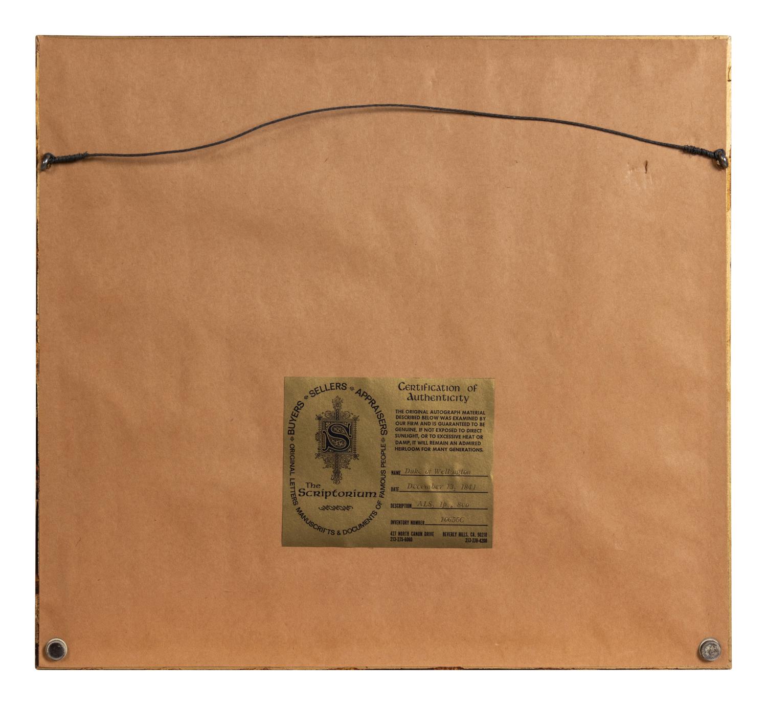WELLINGTON, Arthur Wellesley, 1st Duke (1769-1852). Autograph letter signed. 13 December 1841.
