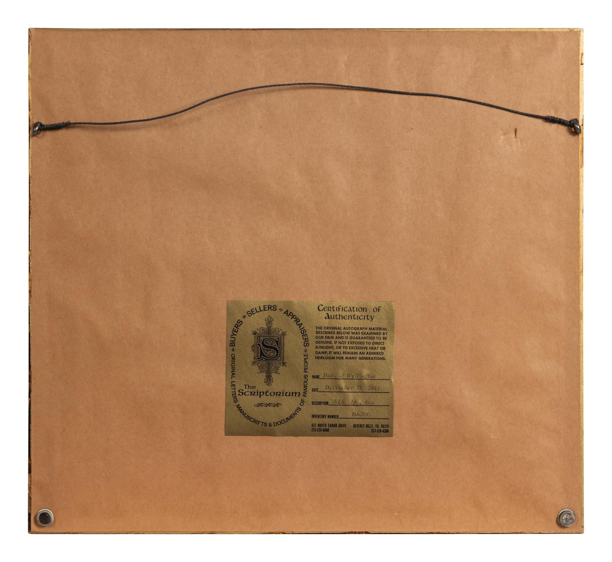 WELLINGTON, Arthur Wellesley, 1st Duke (1769-1852). Autograph letter signed. 13 December 1841.