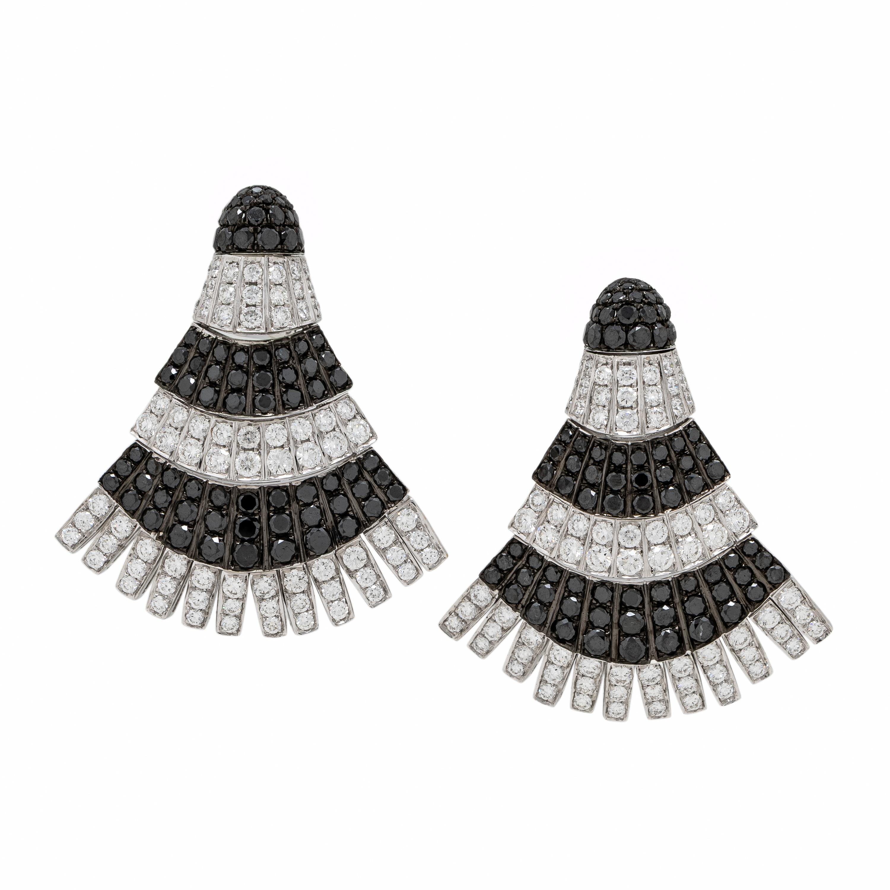 Diamond and Black Diamond Articulated Fan Earrings