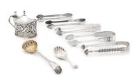 A Group of Seven English Silver Serving Articles, Various Makers, comprising five sugar tongs, a sugar spoon, a bon bon spoon and a mus