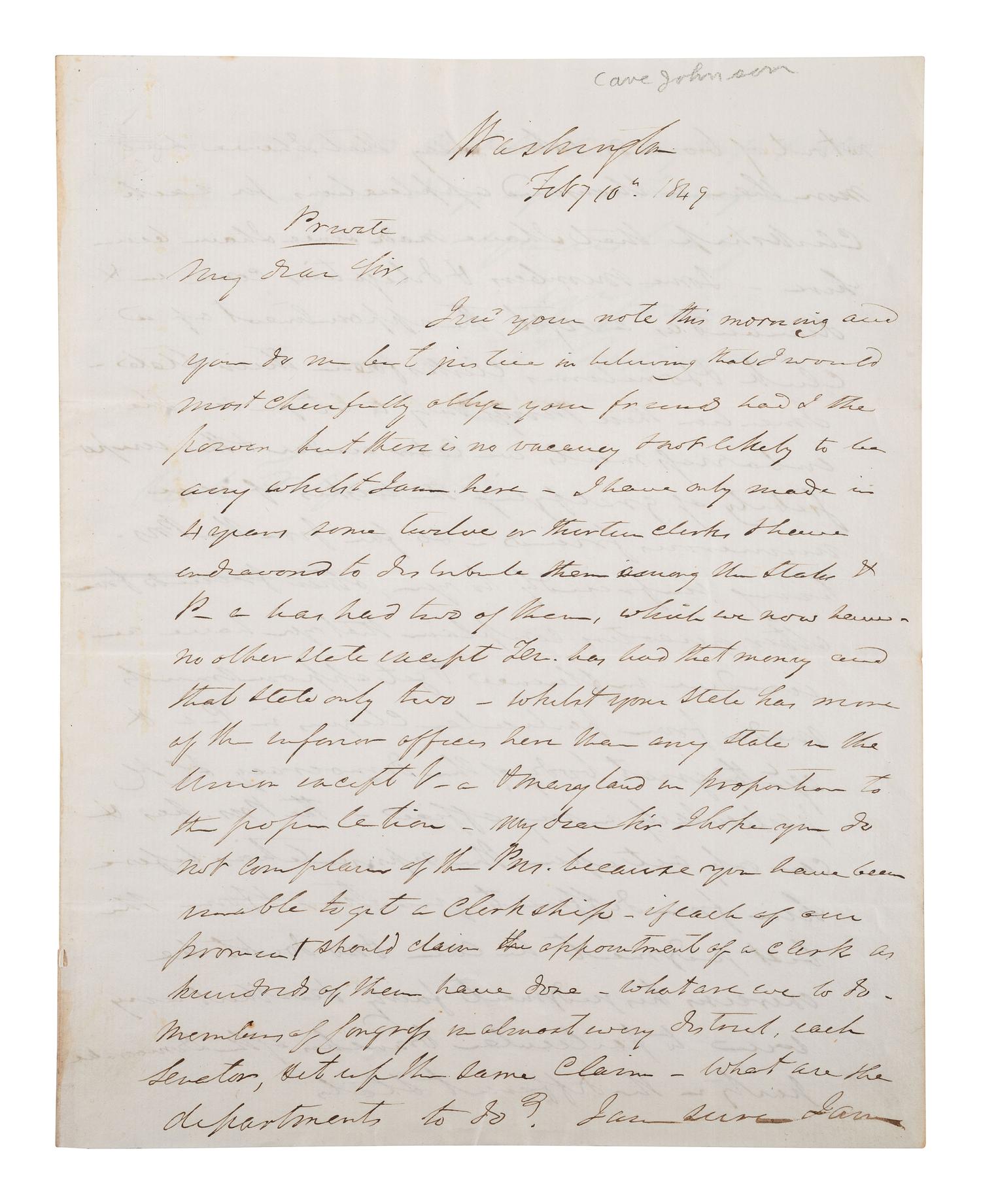 [POLITICS]. JOHNSON, Cave (1793-1866). ALS ("C. Johnson") as Postmaster General. Washington, 1849.