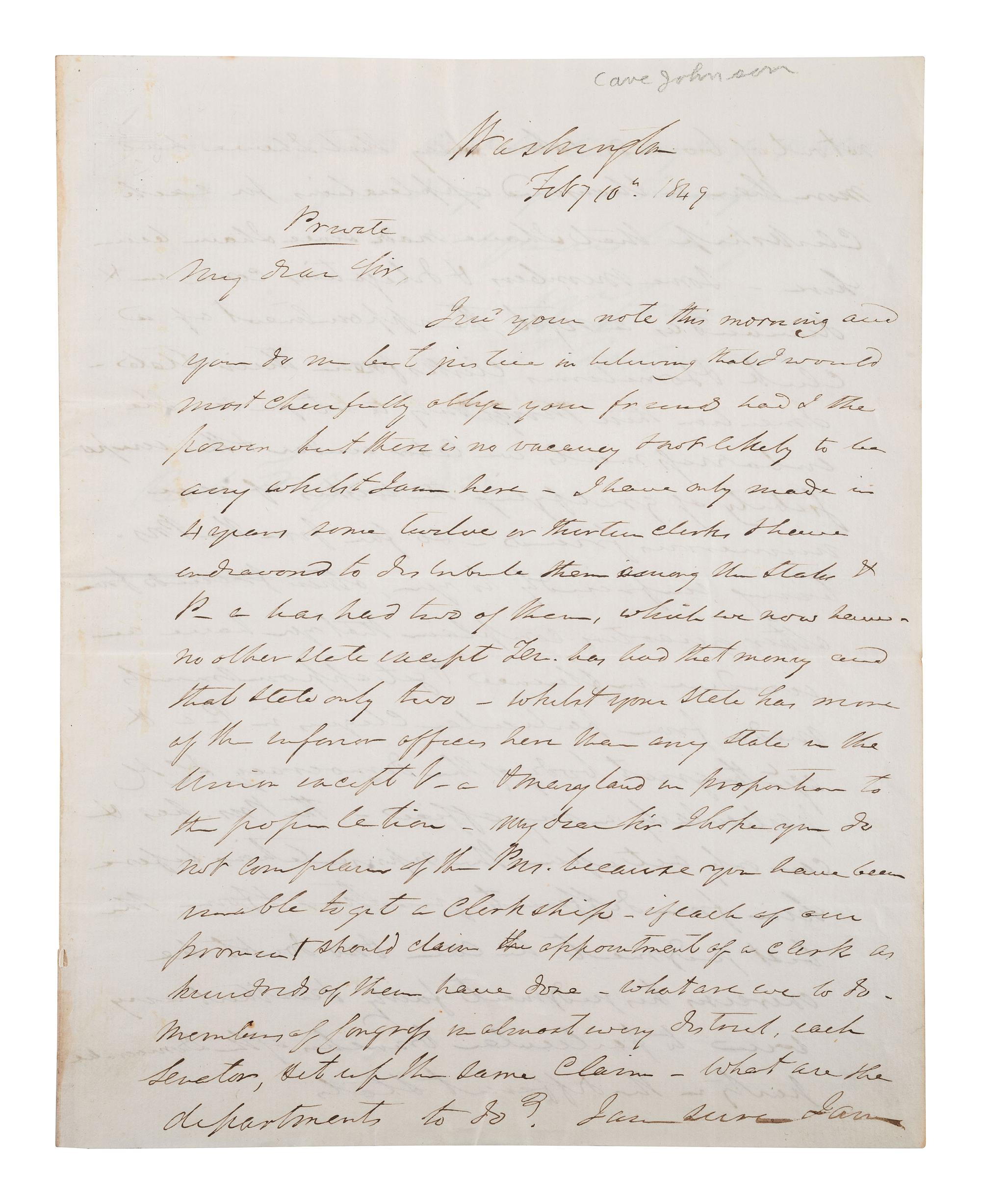 [POLITICS]. JOHNSON, Cave (1793-1866). ALS ("C. Johnson") as Postmaster General. Washington, 1849.