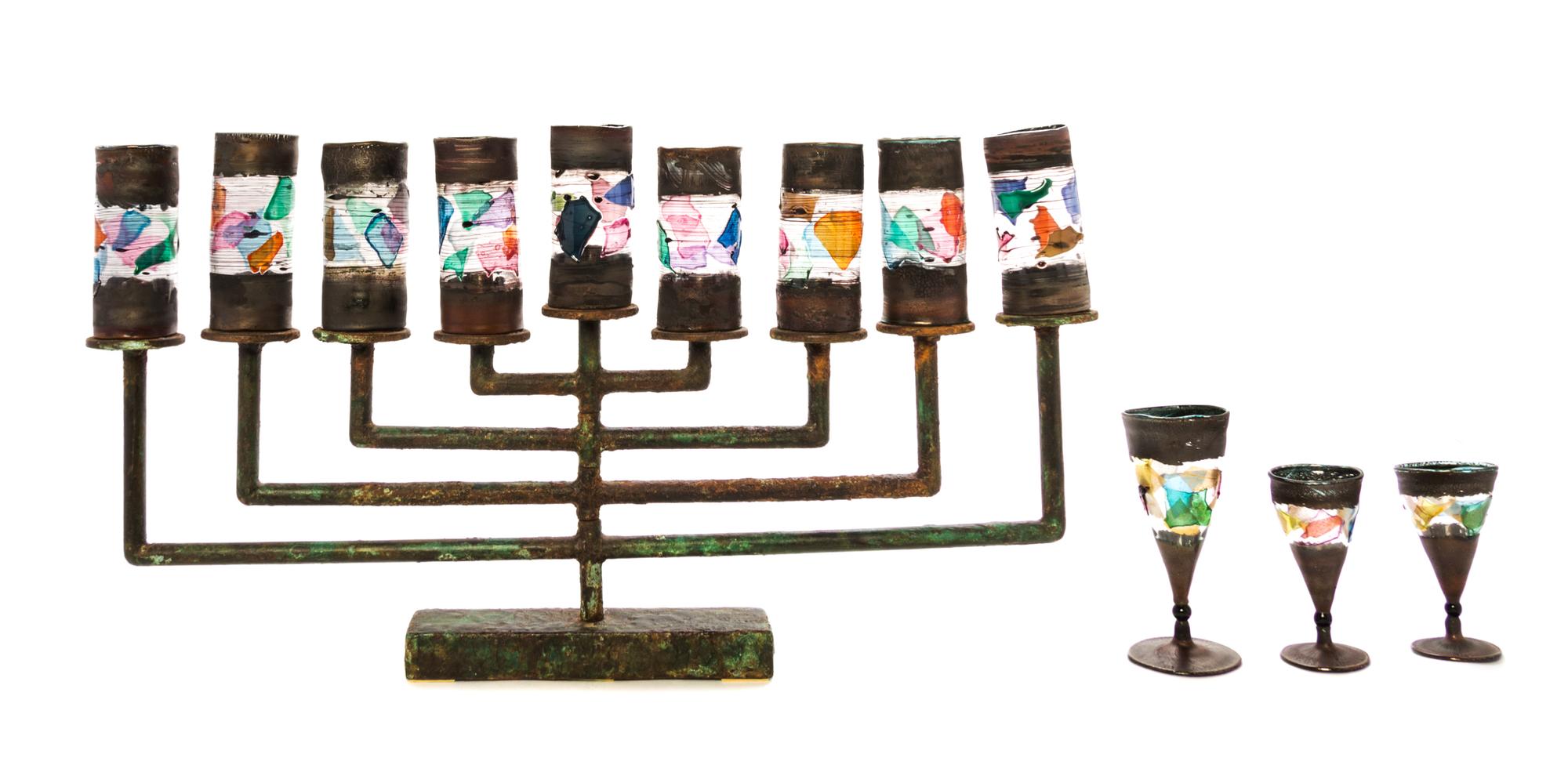 Fred Birkhill, (American, 20th Century), Menorah and Four Goblets, circa 1989