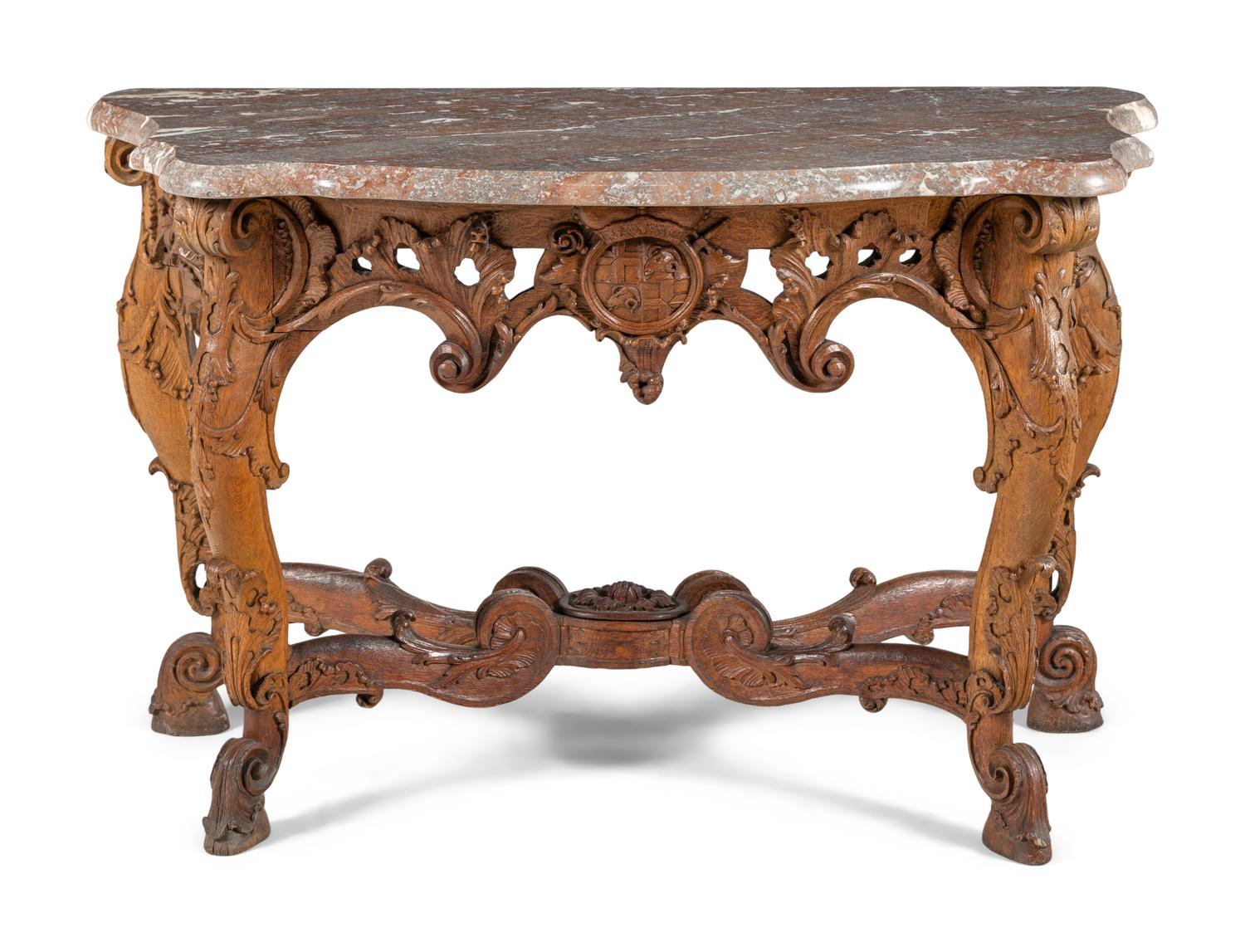 A Pair of Régence Carved Oak Marble-Top Console Tables