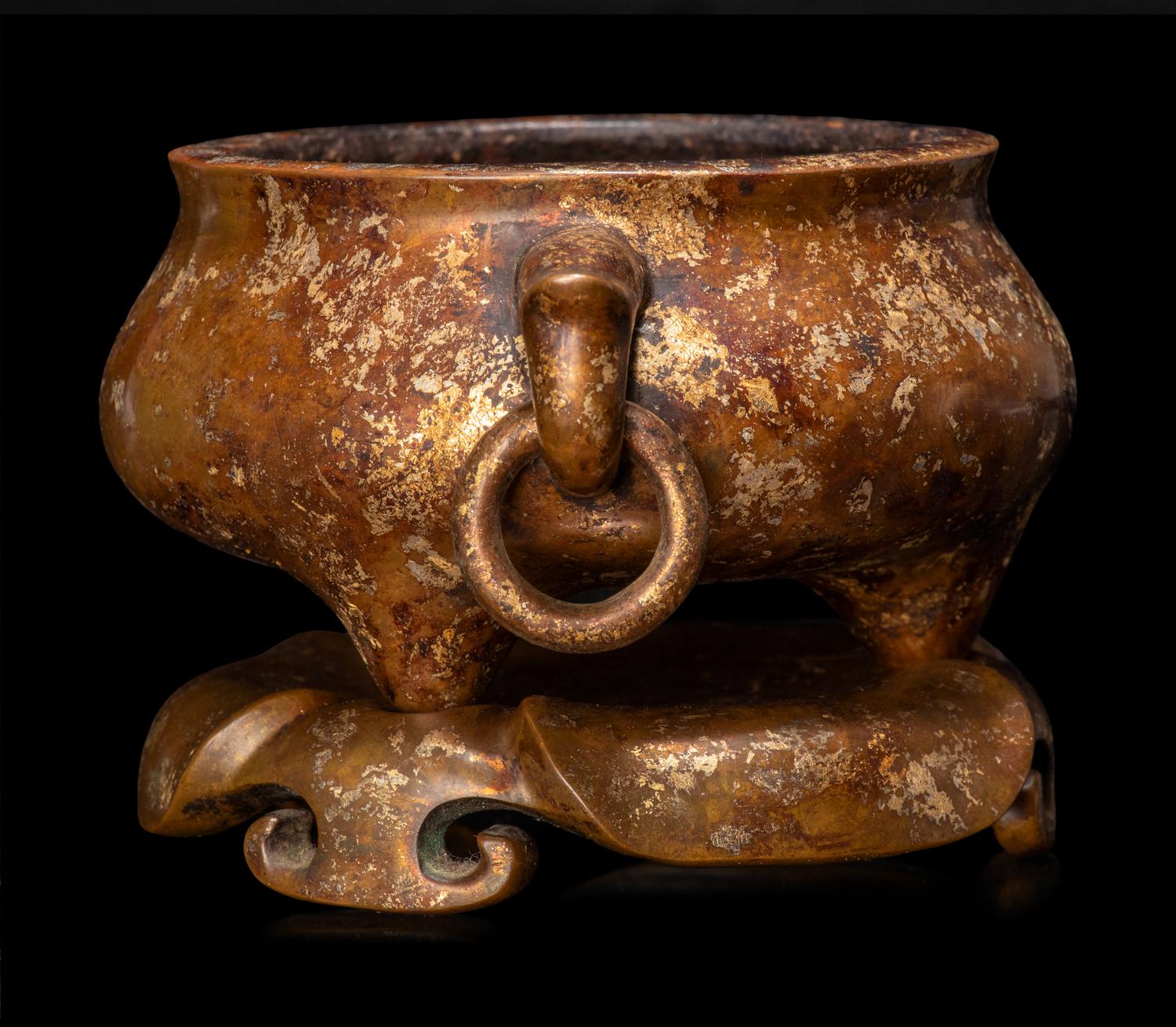 A Chinese Gold-Splashed Bronze Incense Burner and Stand
