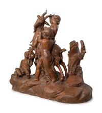 An Important Monumental Terracotta Group by Maison Gossin Frères Depicting Bacchanal Putti with Goat