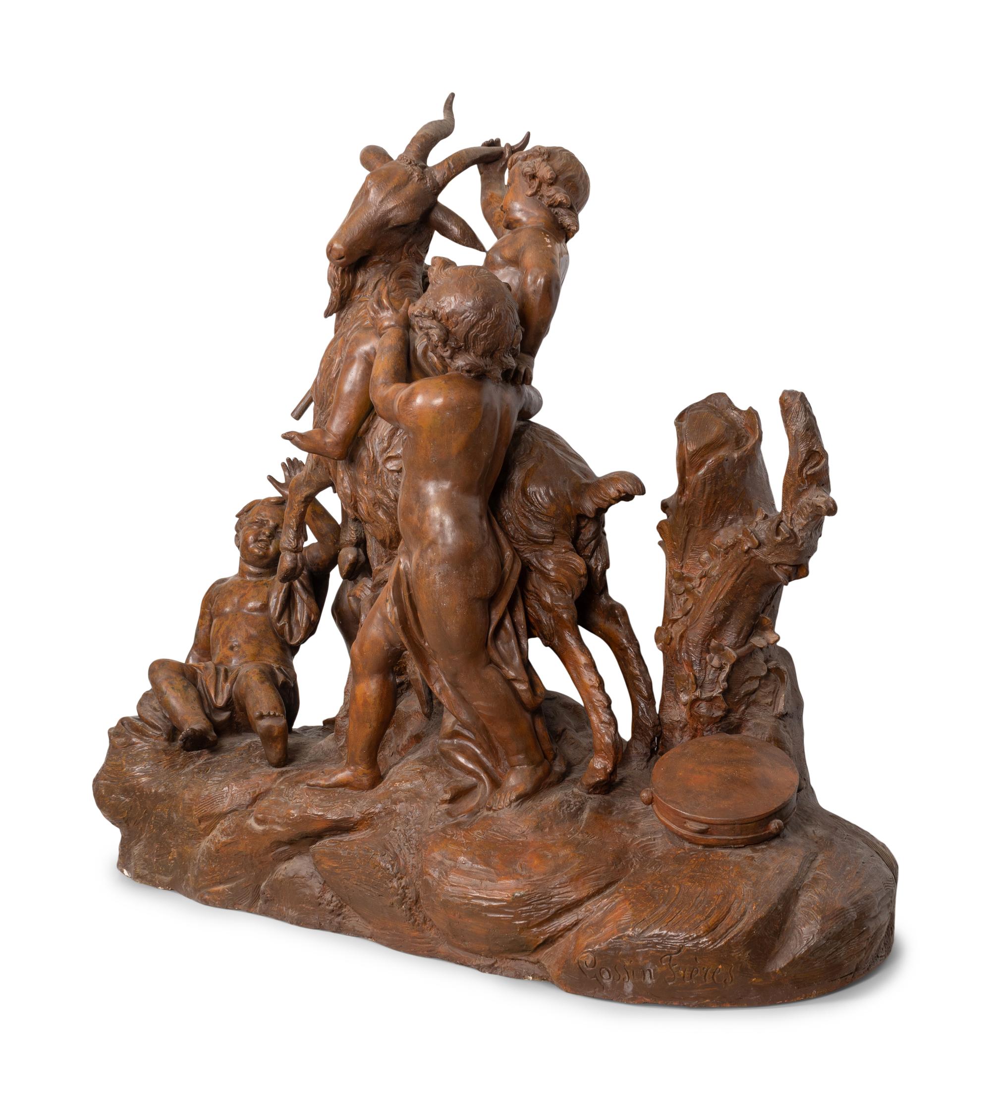 An Important Monumental Terracotta Group by Maison Gossin Frères Depicting Bacchanal Putti with Goat