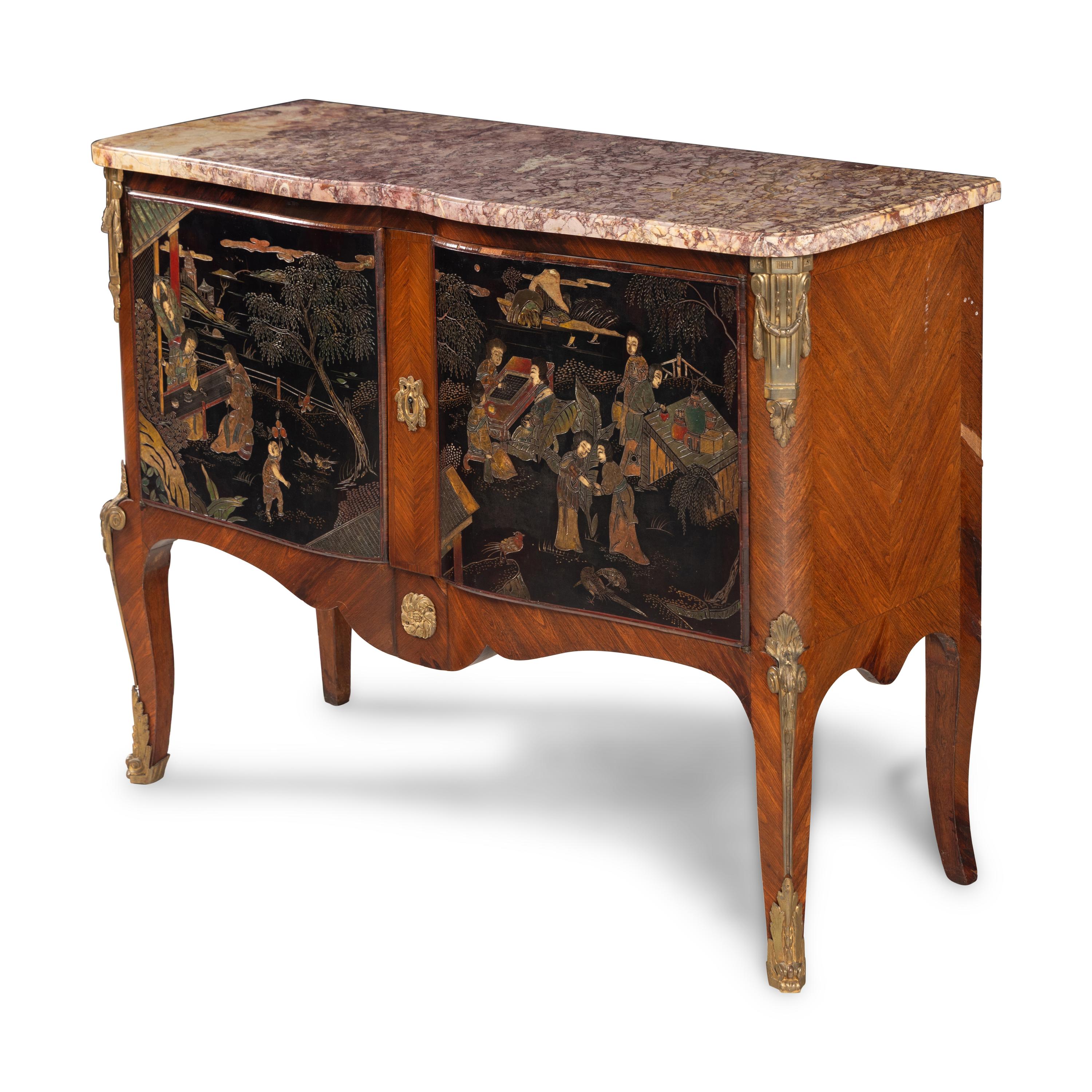 A Louis XVI Style Gilt Bronze Mounted Tulipwood and Chinese Lacquer Marble-Top Commode