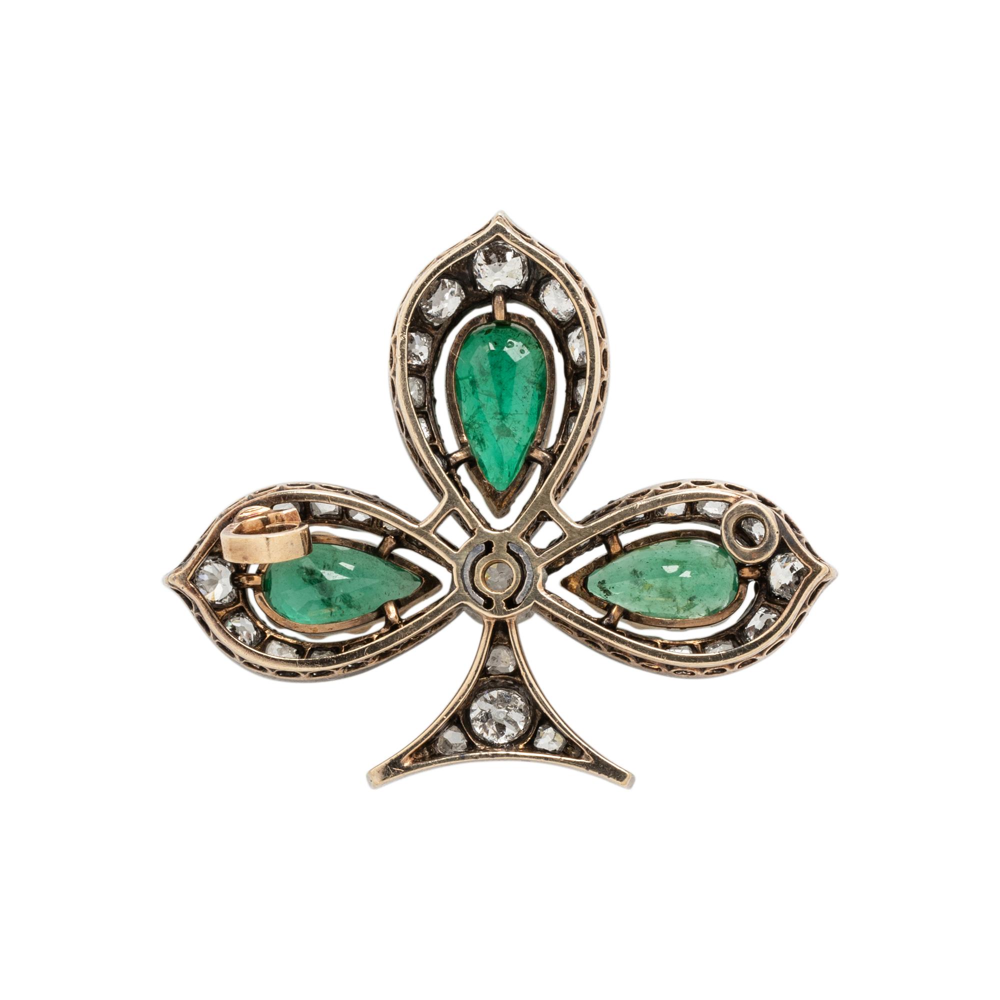 VICTORIAN, SILVER-TOPPED GOLD, DIAMOND AND EMERALD THREE LEAF CLOVER BROOCH