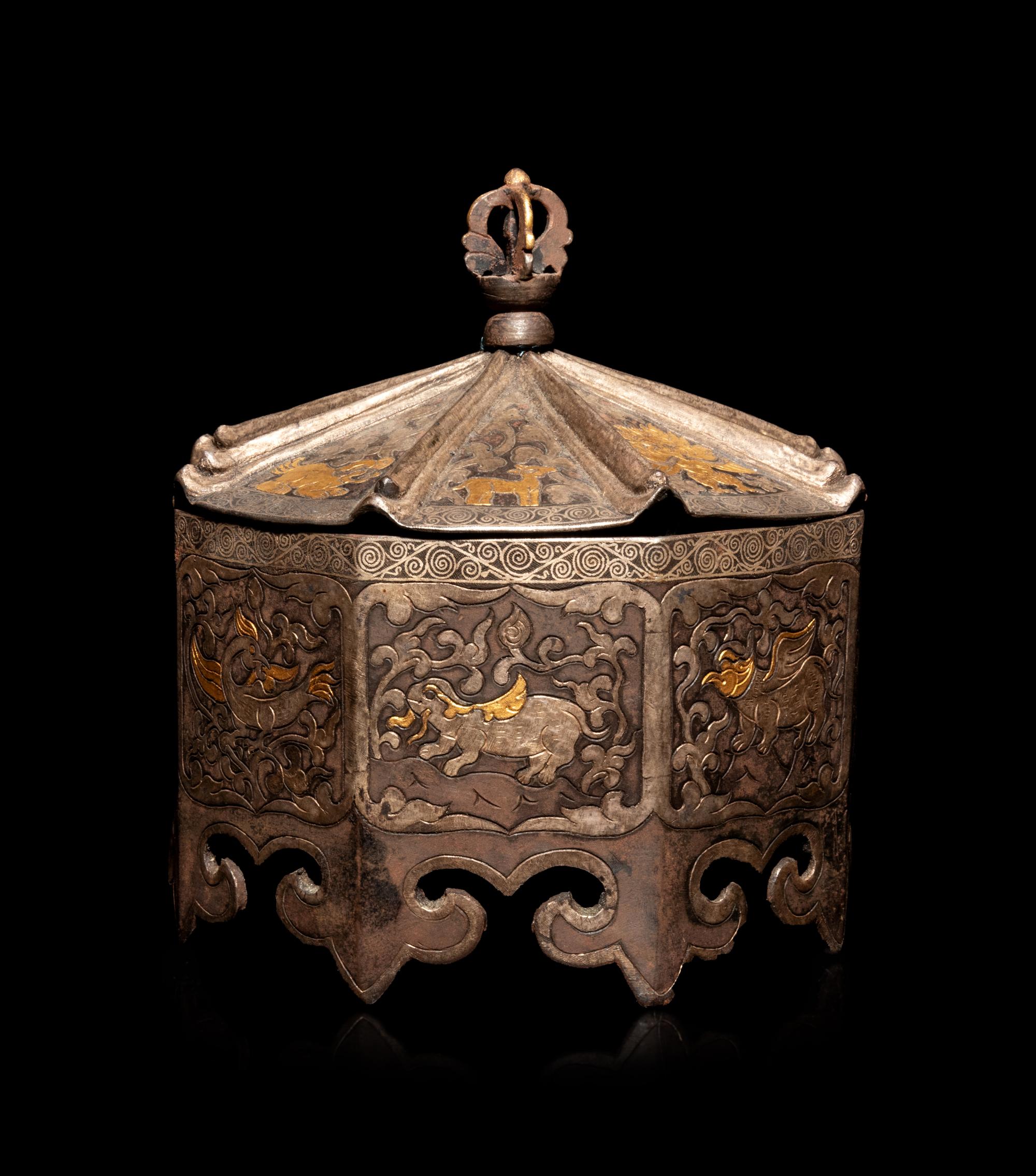 A Tibetan Gilt Decorated Metal Covered Box