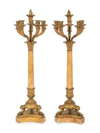 A Pair of Charles X Gilt Bronze and Marble Five-Light Candelabra