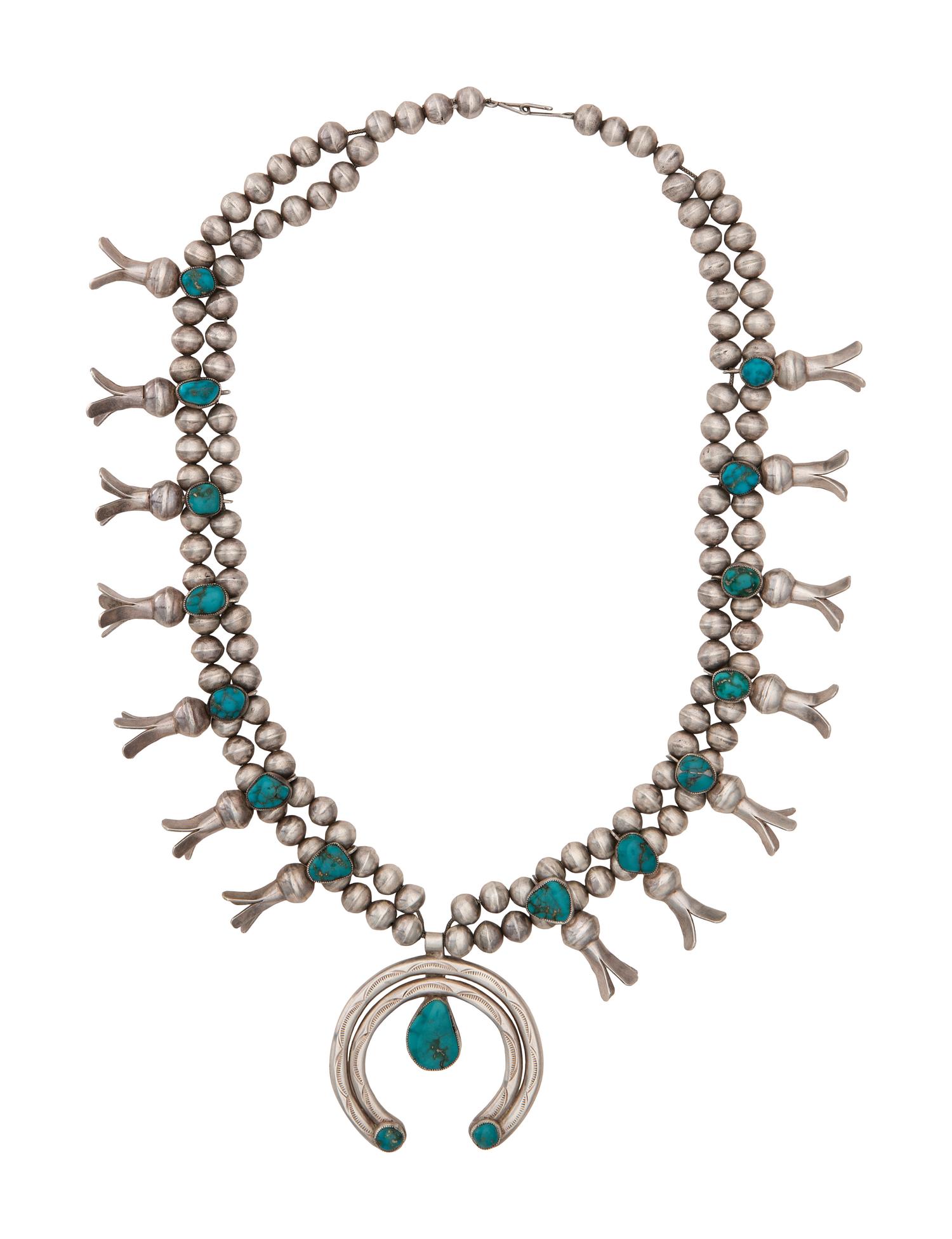 Navajo Silver and Turquoise Squash Blossom Necklace