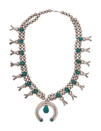 Navajo Silver and Turquoise Squash Blossom Necklace
