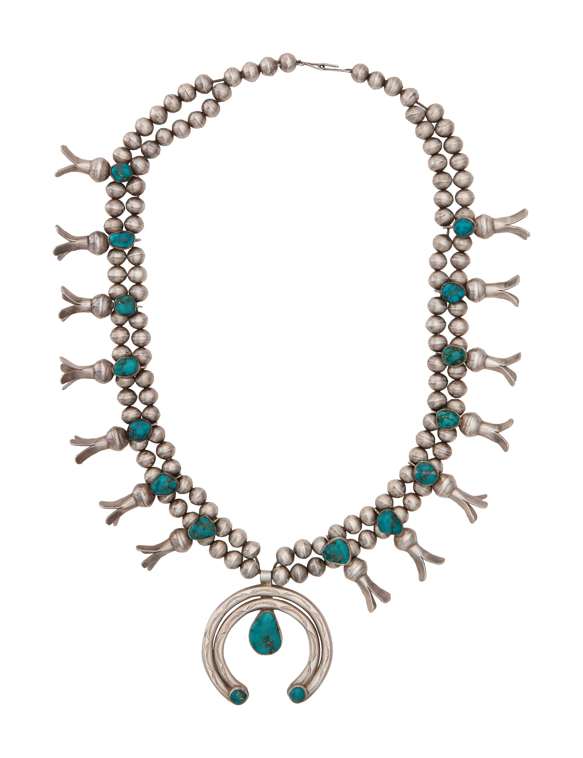 Navajo Silver and Turquoise Squash Blossom Necklace
