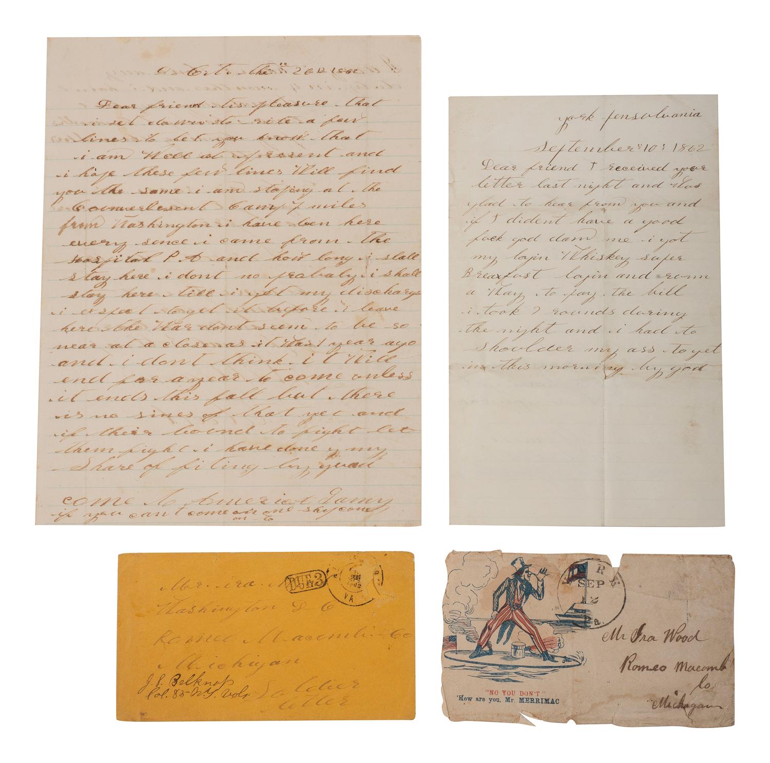 Private William Eldred, 5th Michigan Infantry Regiment. 2 autographed letters highlighted by description of a sexual encounter, 1862.