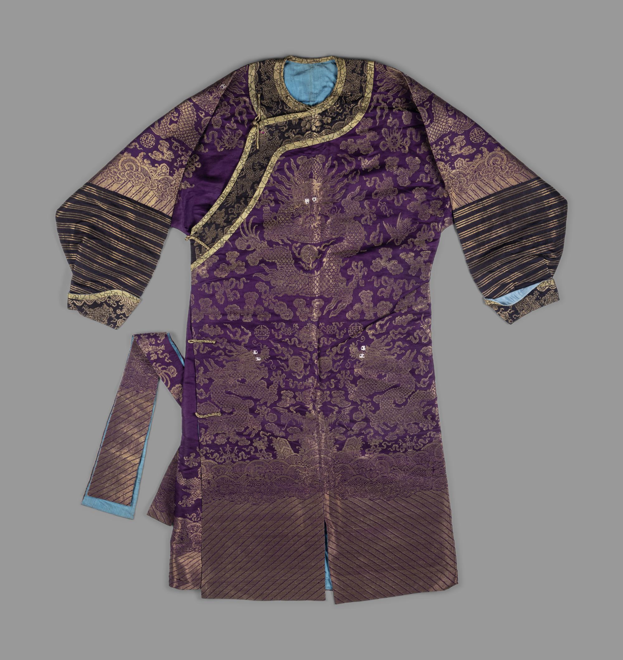 A Chinese Magenta Gold Brocade Dragon Robe