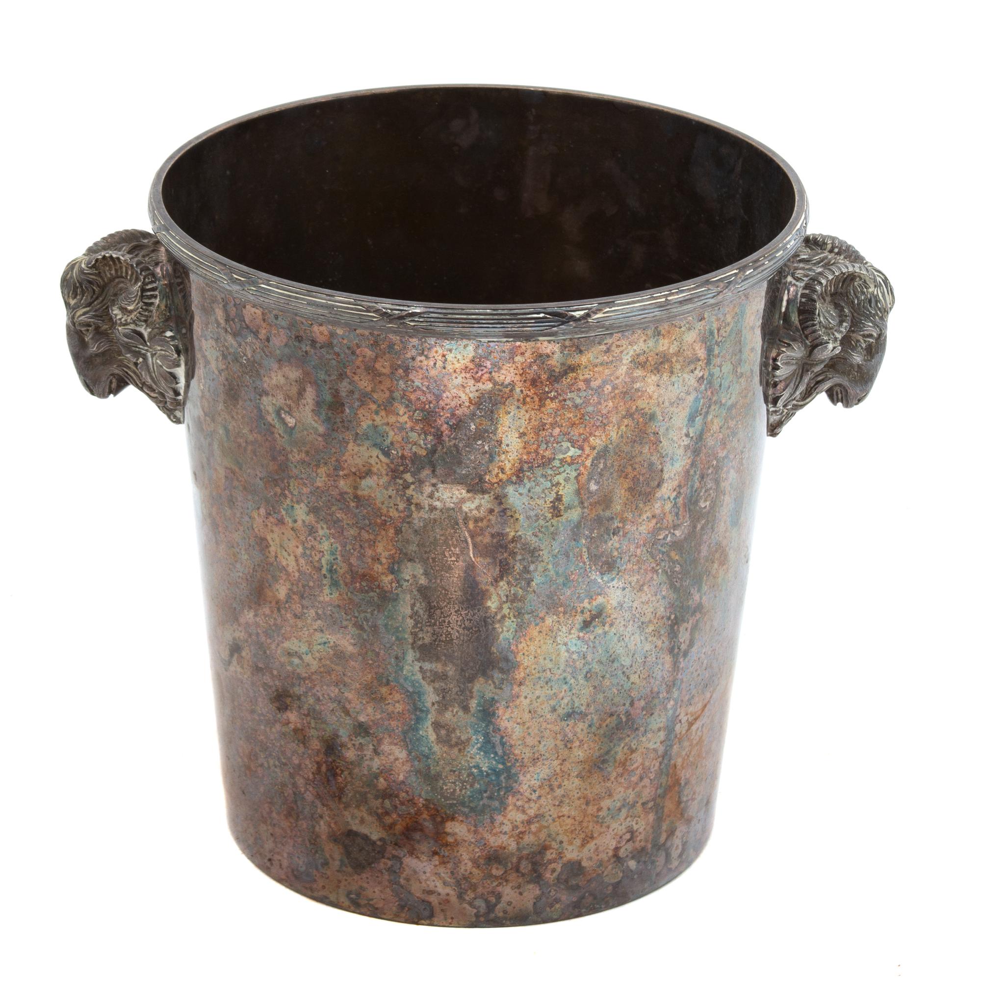 A Silver Plate Champagne Bucket with Ram's Head Handles Height 8 1/4 inches. — Christofle, Paris, 20th Century